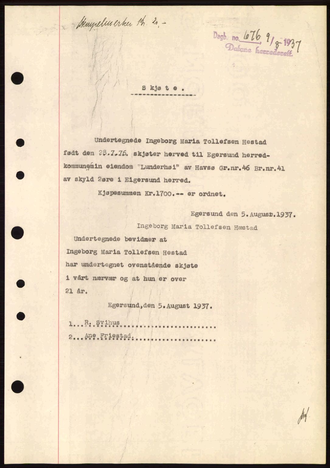 Dalane sorenskriveri, SAST/A-100309/02/G/Gb/L0041: Pantebok nr. A2, 1936-1937, Dagboknr: 676/1937
