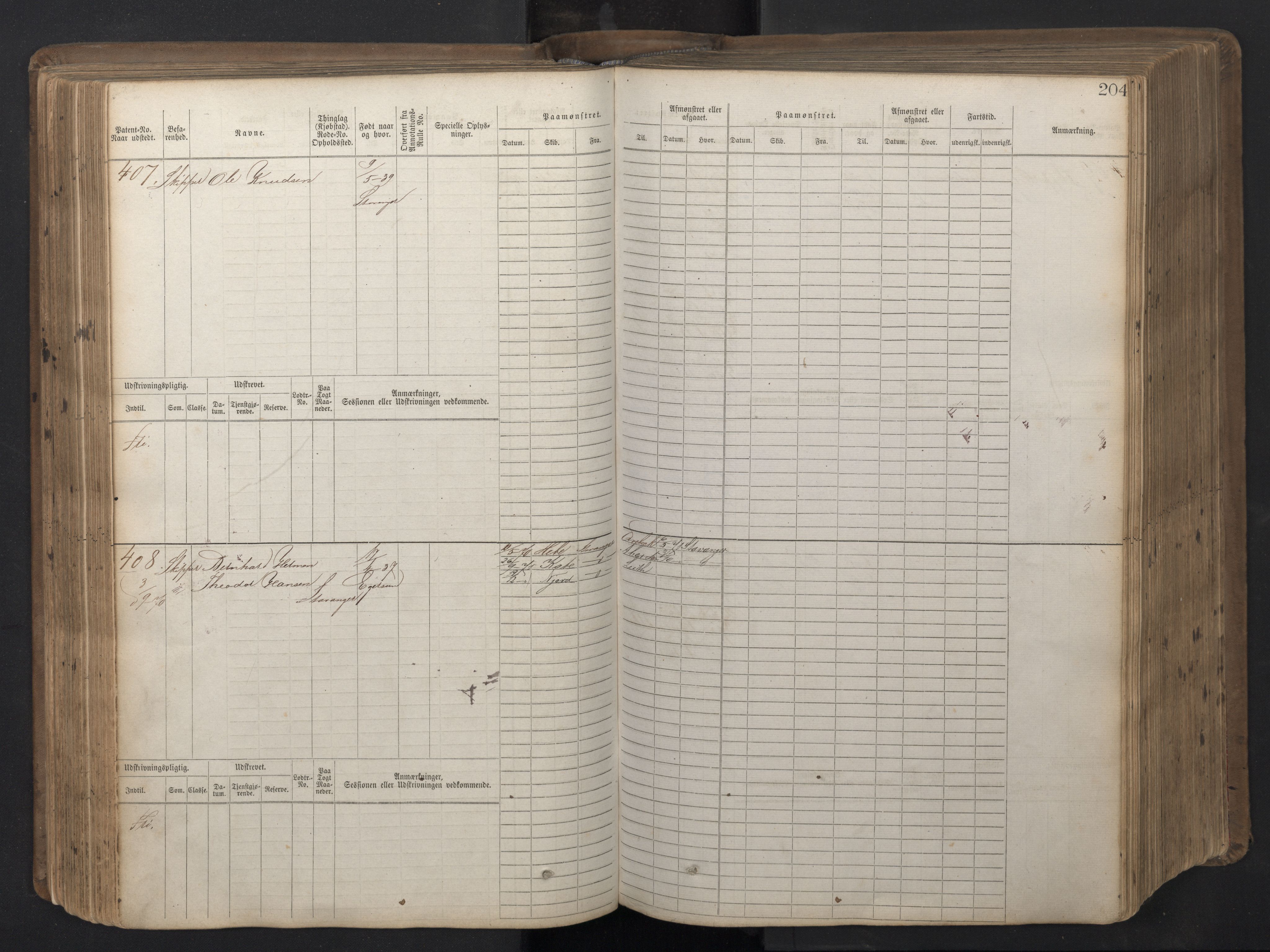 Stavanger sjømannskontor, AV/SAST-A-102006/F/Fb/Fbb/L0016: Sjøfartshovedrulle patnentnr. 1-1202 (dublett), 1869, s. 204