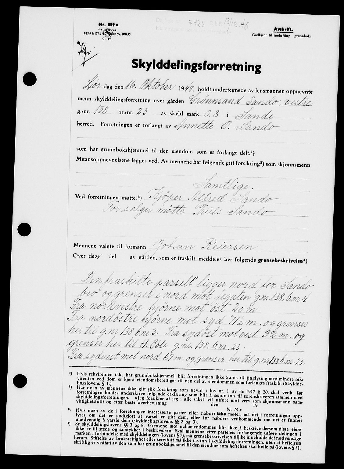 Holmestrand sorenskriveri, SAKO/A-67/G/Ga/Gaa/L0065: Pantebok nr. A-65, 1948-1949, Dagboknr: 2426/1948