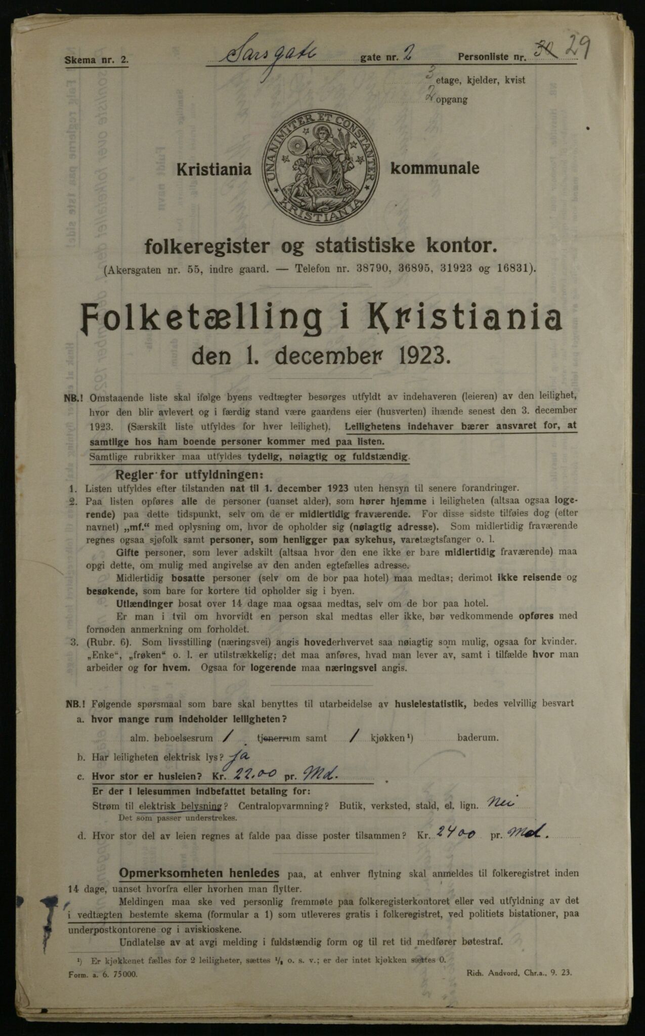 OBA, Kommunal folketelling 1.12.1923 for Kristiania, 1923, s. 99001