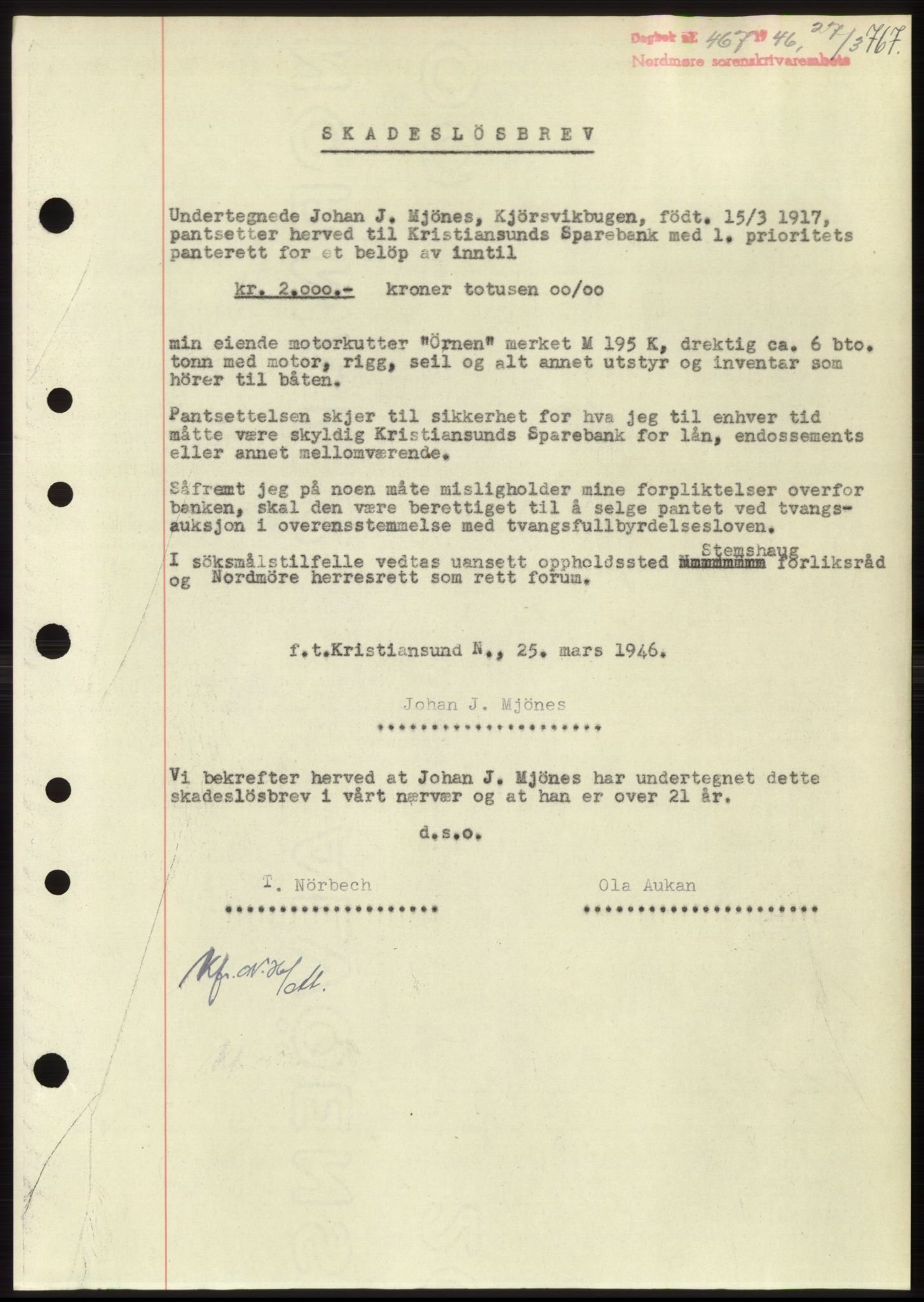 Nordmøre sorenskriveri, SAT/A-4132/1/2/2Ca: Pantebok nr. B93b, 1946-1946, Dagboknr: 467/1946