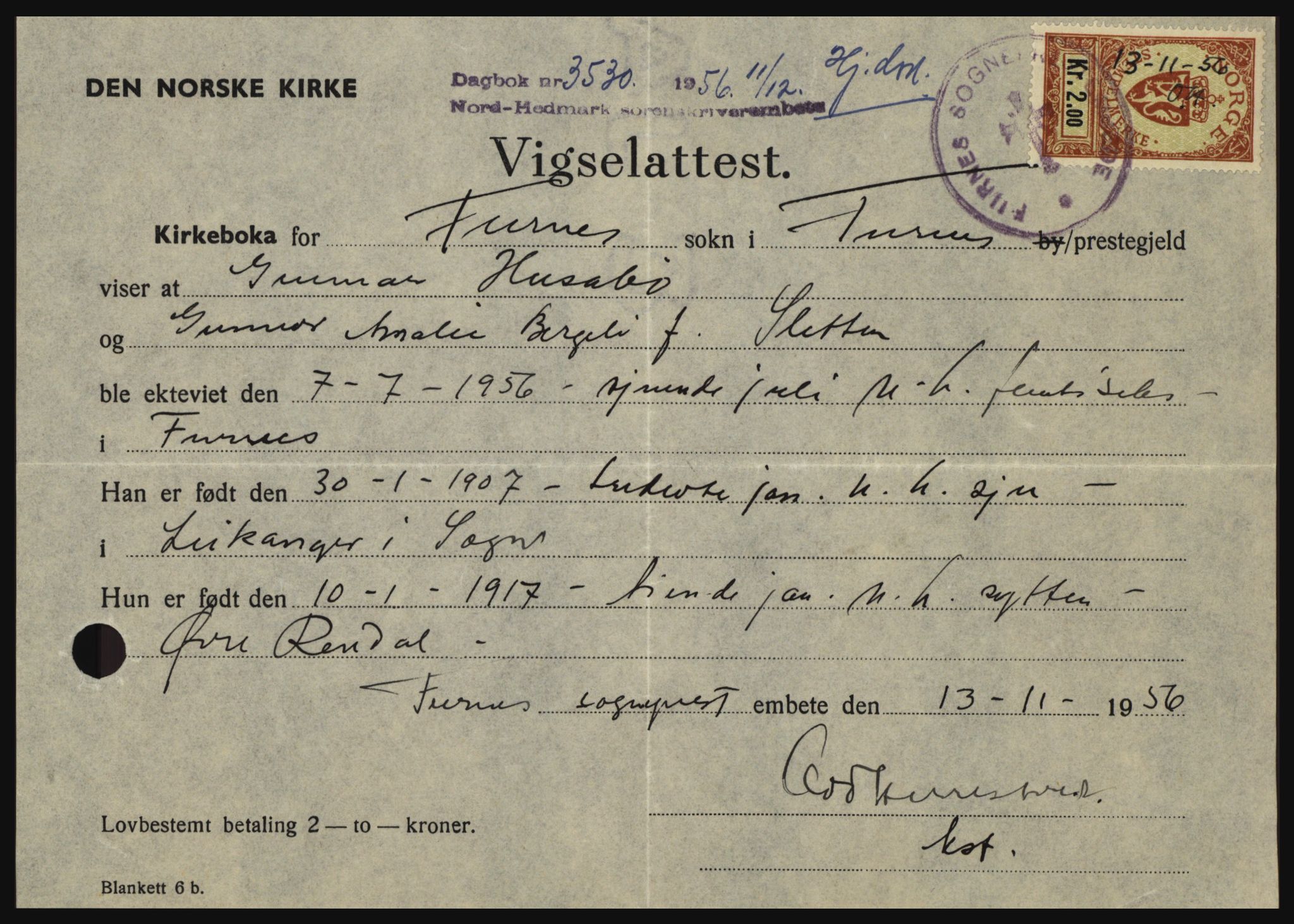 Nord-Hedmark sorenskriveri, SAH/TING-012/H/Hc/L0011: Pantebok nr. 11, 1956-1957, Dagboknr: 3530/1956