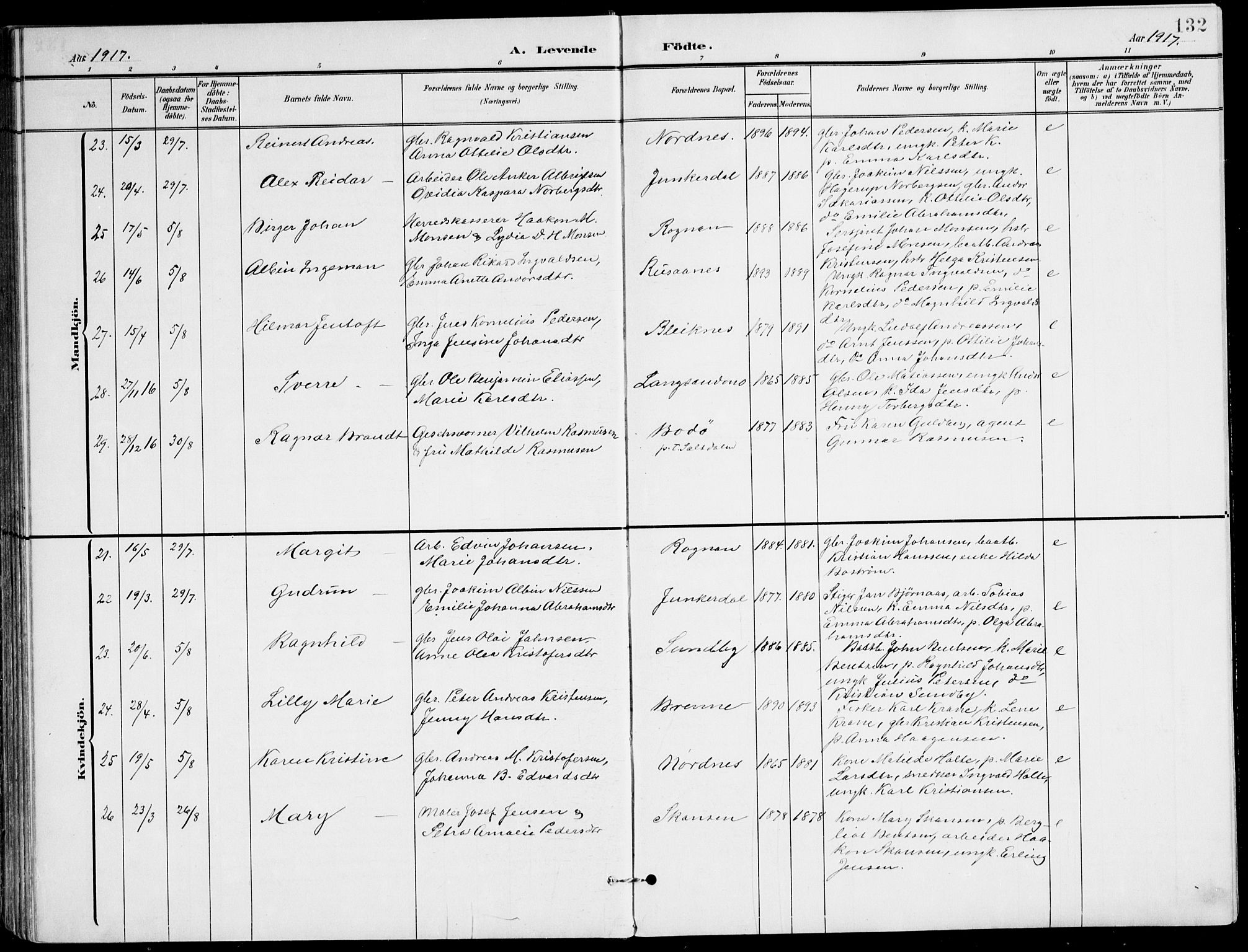 Ministerialprotokoller, klokkerbøker og fødselsregistre - Nordland, AV/SAT-A-1459/847/L0672: Ministerialbok nr. 847A12, 1902-1919, s. 132