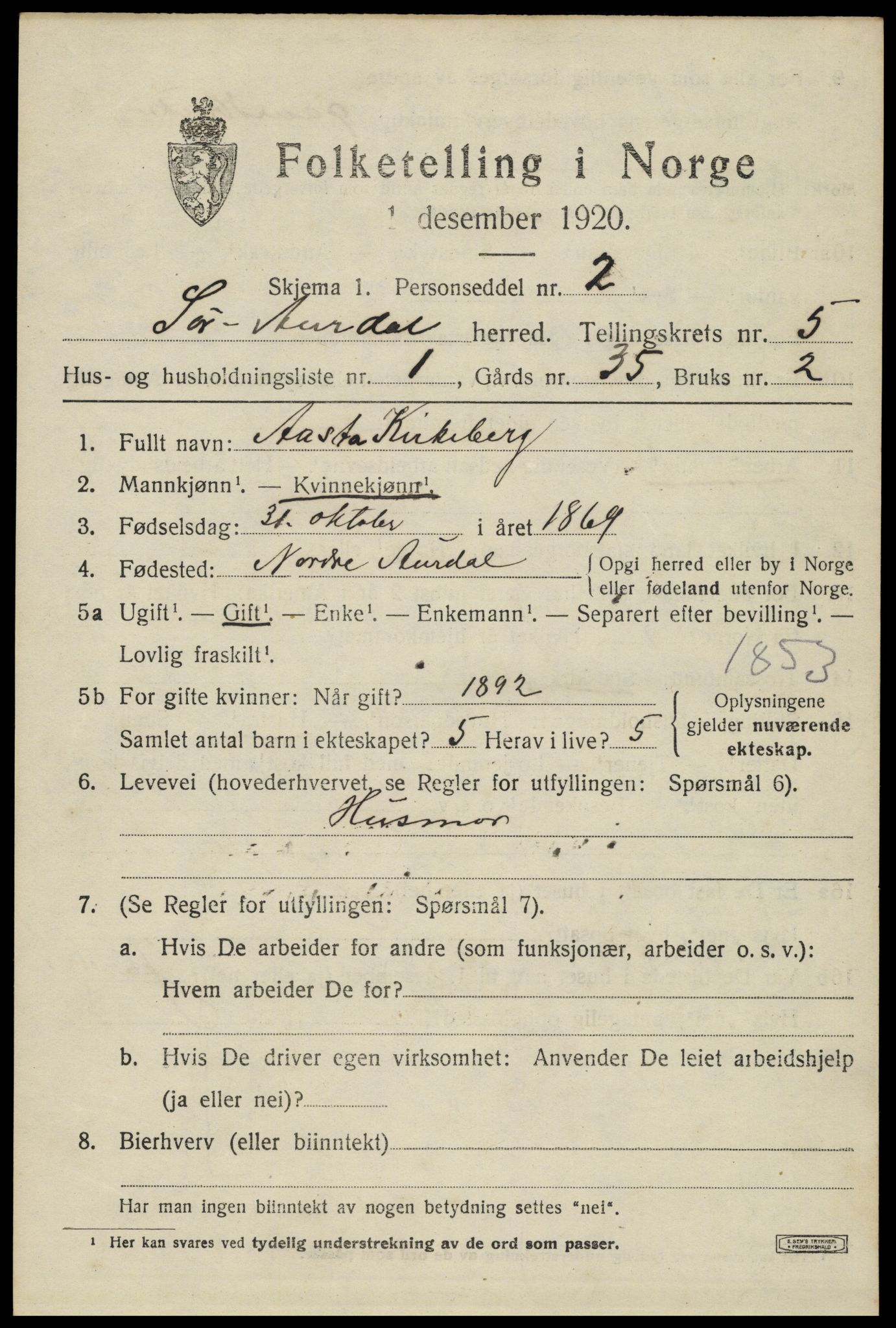 SAH, Folketelling 1920 for 0540 Sør-Aurdal herred, 1920, s. 2747