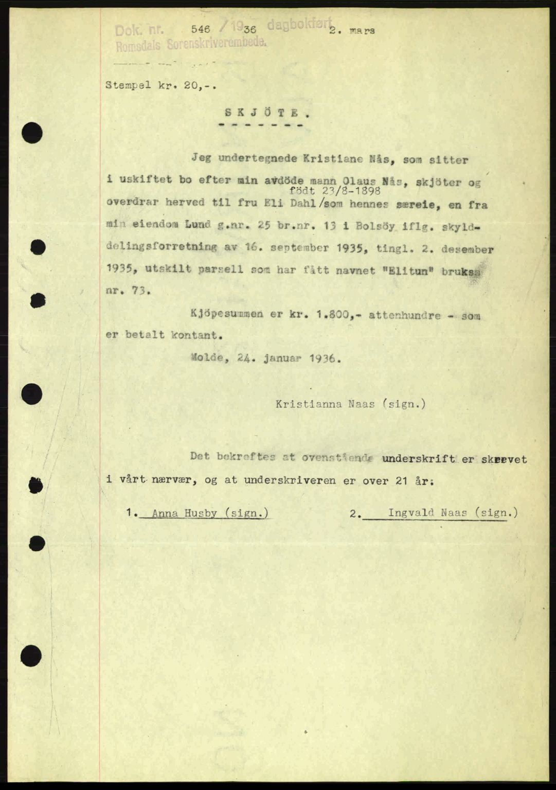 Romsdal sorenskriveri, SAT/A-4149/1/2/2C: Pantebok nr. A1, 1936-1936, Dagboknr: 546/1936