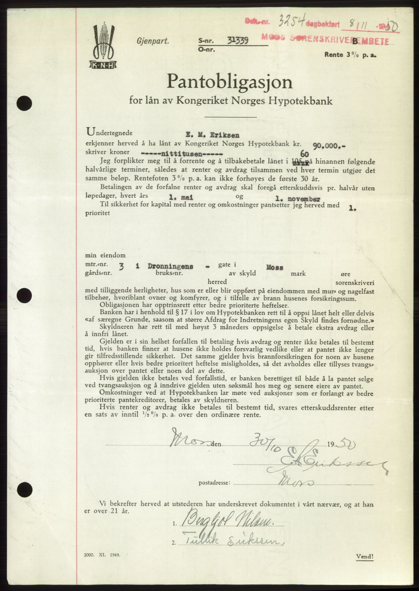 Moss sorenskriveri, SAO/A-10168: Pantebok nr. B25, 1950-1950, Dagboknr: 3254/1950