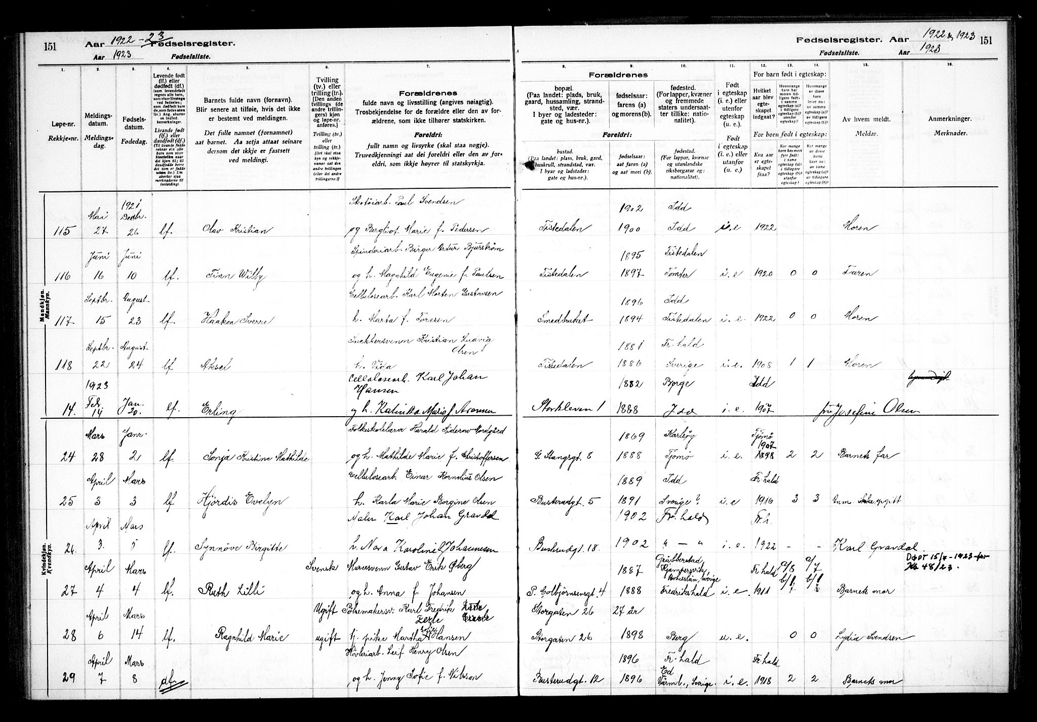 Halden prestekontor Kirkebøker, AV/SAO-A-10909/J/Ja/L0001: Fødselsregister nr. I 1, 1916-1925, s. 151