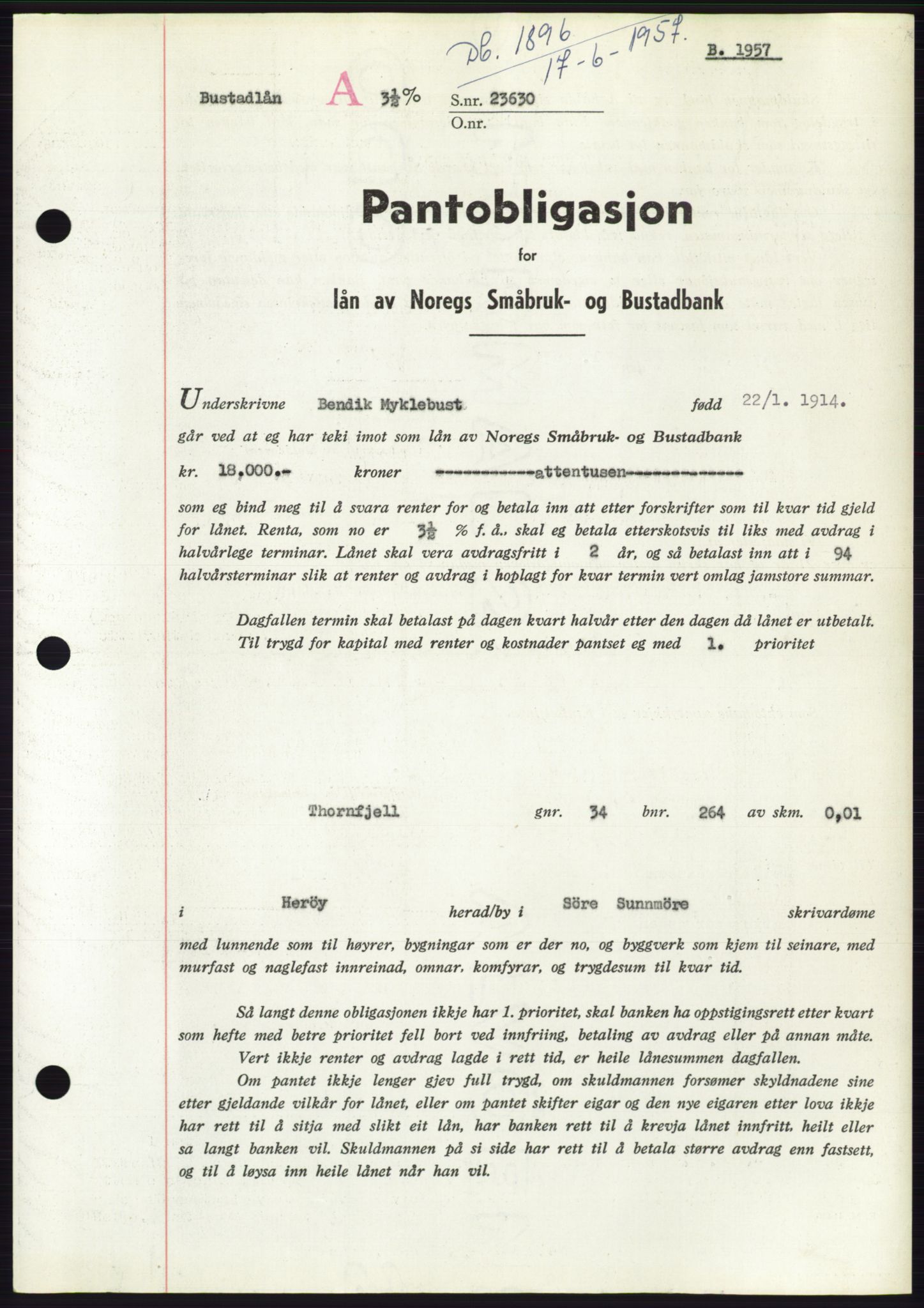 Søre Sunnmøre sorenskriveri, AV/SAT-A-4122/1/2/2C/L0130: Pantebok nr. 18B, 1957-1958, Dagboknr: 1896/1957