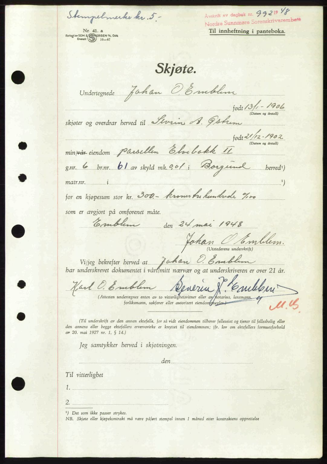 Nordre Sunnmøre sorenskriveri, AV/SAT-A-0006/1/2/2C/2Ca: Pantebok nr. A28, 1948-1948, Dagboknr: 992/1948