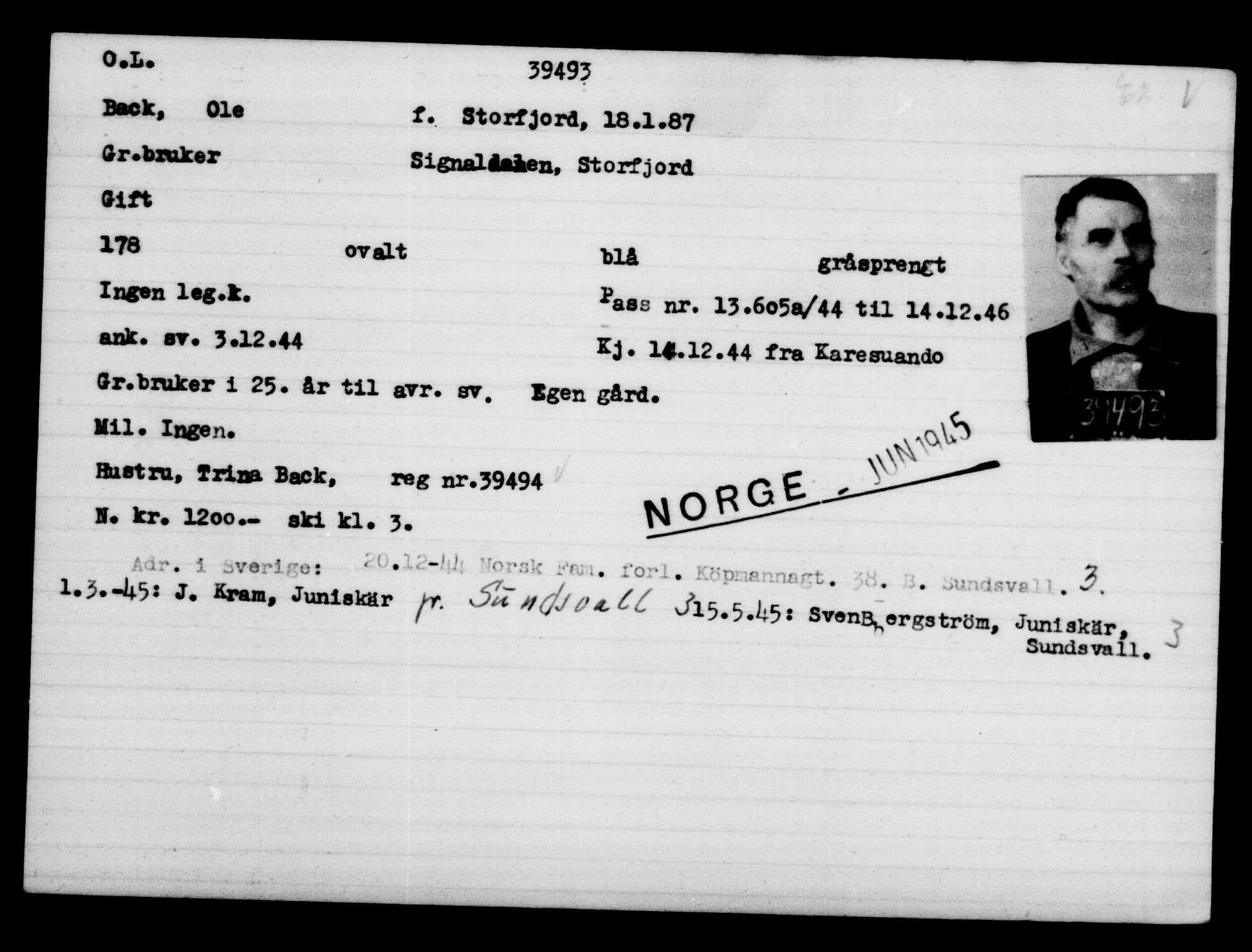 Utenriksstasjonene, Legasjonen i Stockholm, Flyktningkontoret, AV/RA-S-6753/V/Va/L0015: Kjesäterkartoteket, flyktninger med registreringsnr. 37800-40770, 1940-1945, s. 1744