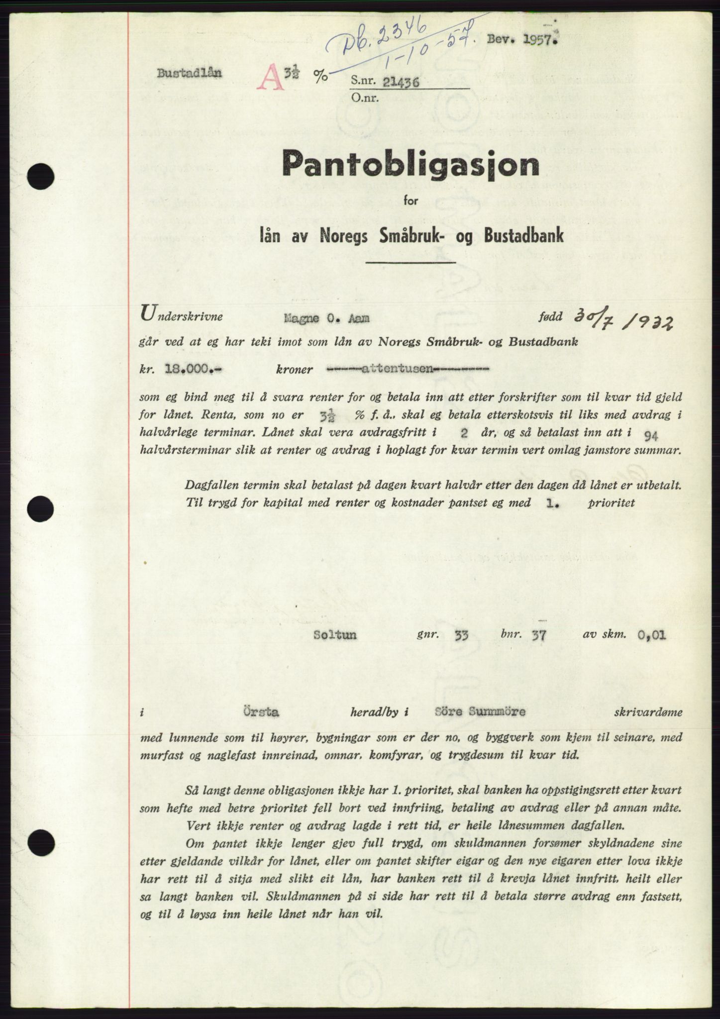 Søre Sunnmøre sorenskriveri, AV/SAT-A-4122/1/2/2C/L0130: Pantebok nr. 18B, 1957-1958, Dagboknr: 2346/1957