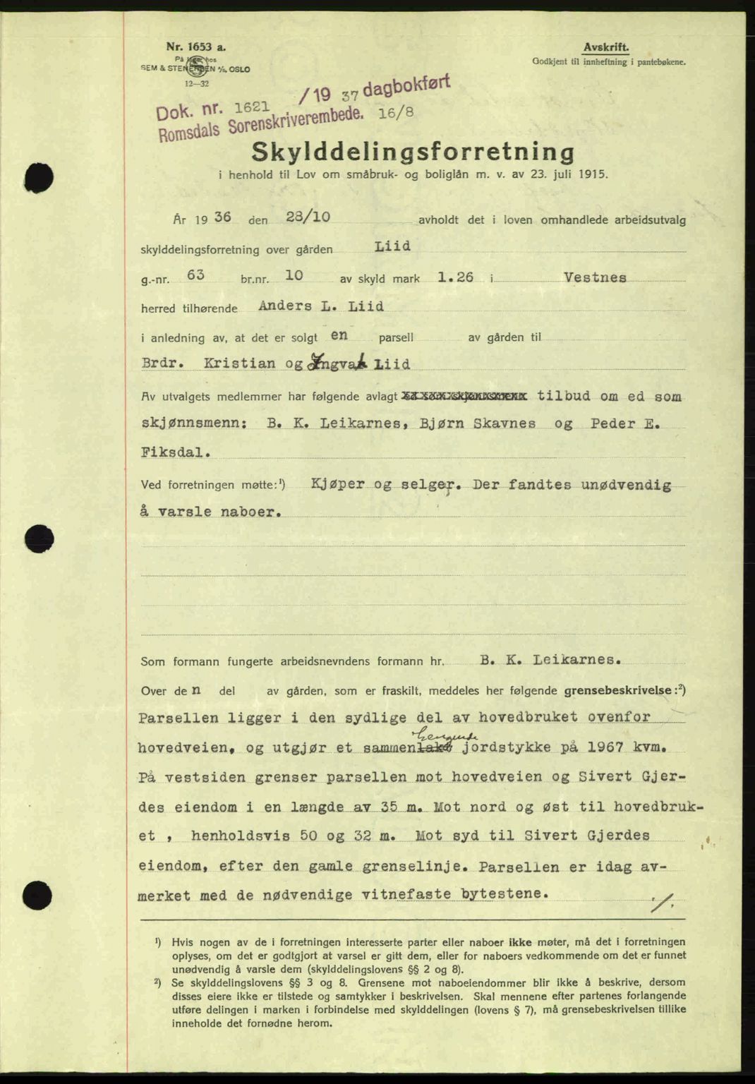 Romsdal sorenskriveri, SAT/A-4149/1/2/2C: Pantebok nr. A3, 1937-1937, Dagboknr: 1621/1937