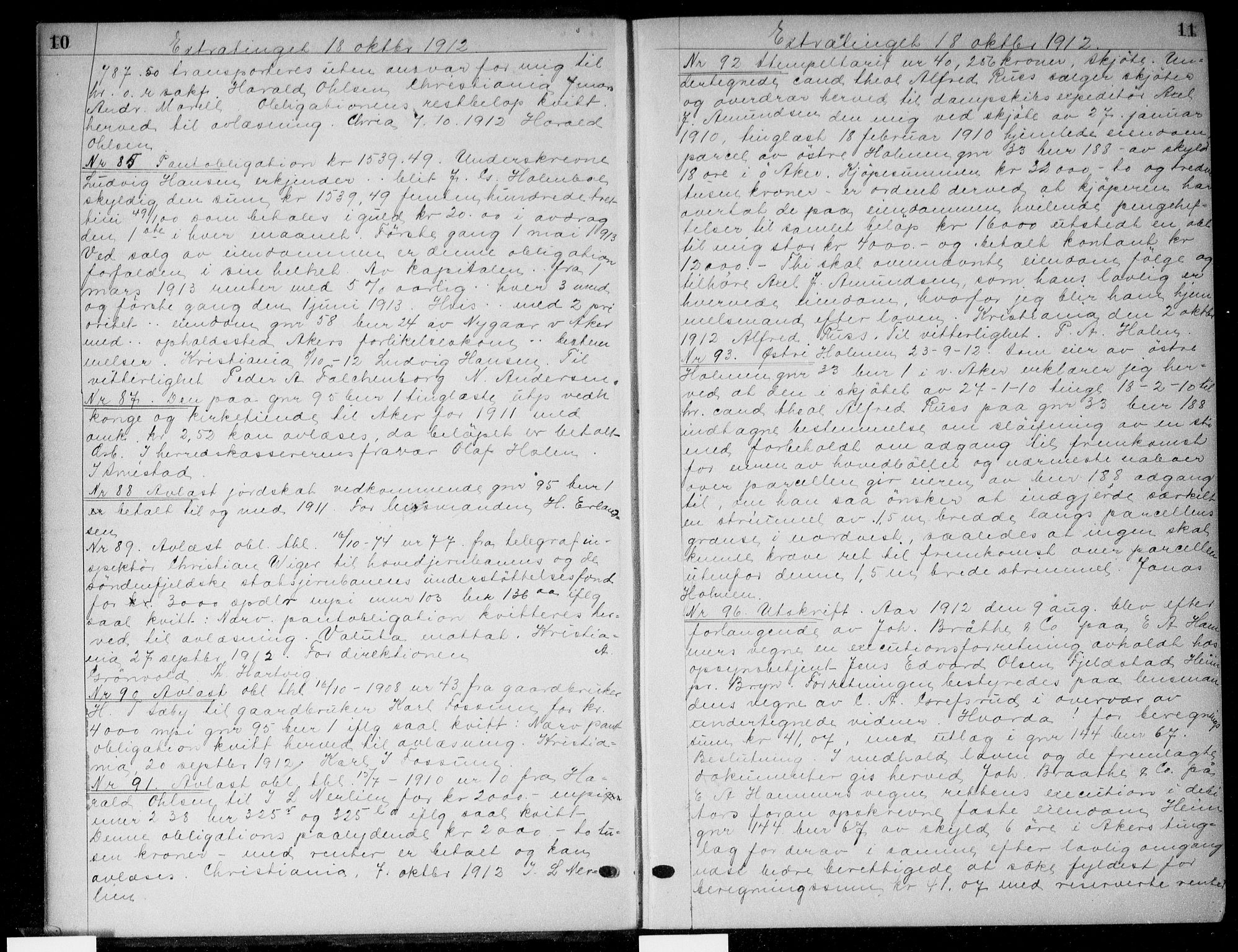 Aker sorenskriveri, AV/SAO-A-10895/G/Gb/Gba/L0045: Pantebok nr. I 45, 1912-1913, s. 10-11