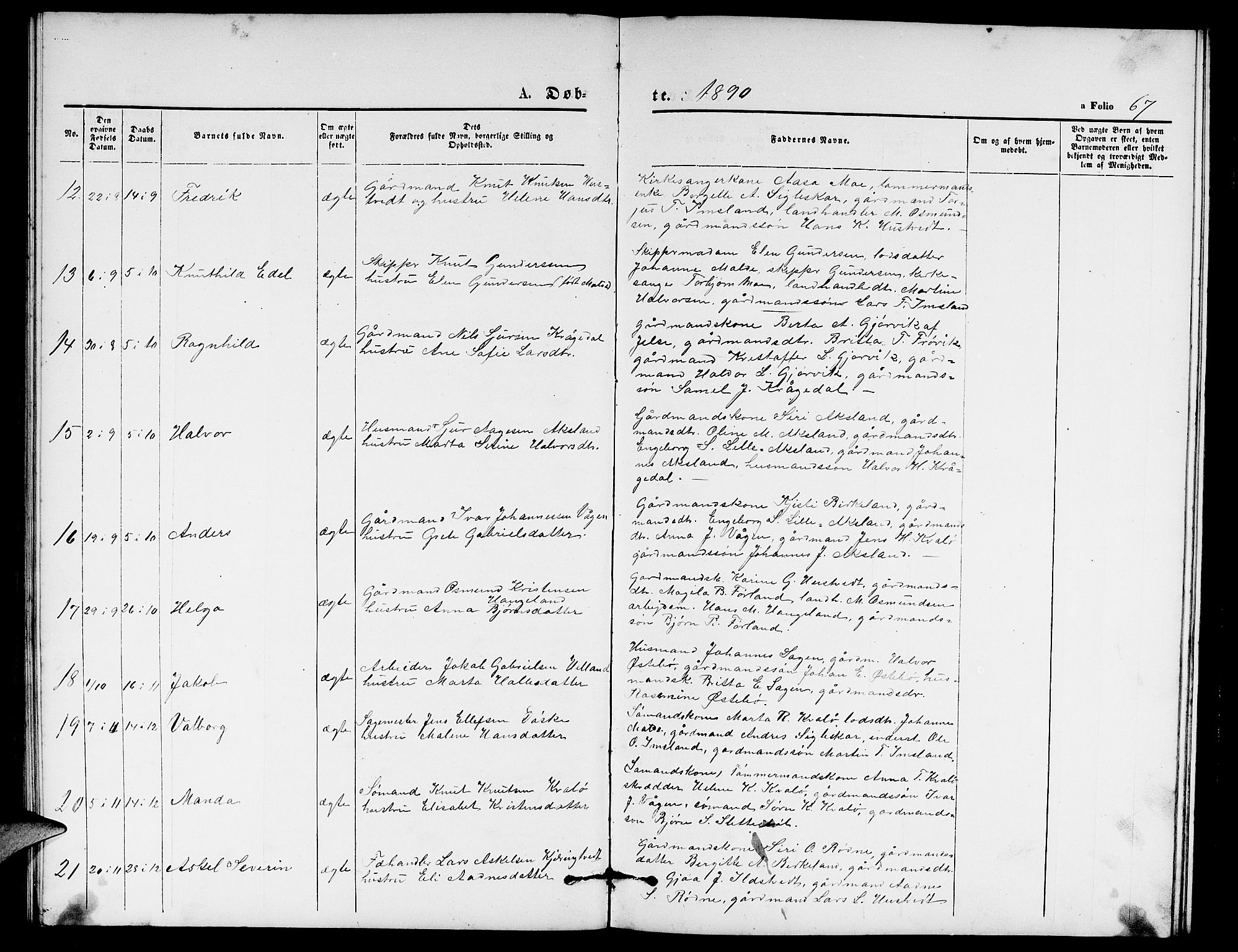 Vikedal sokneprestkontor, AV/SAST-A-101840/01/V: Klokkerbok nr. B 4, 1868-1890, s. 67