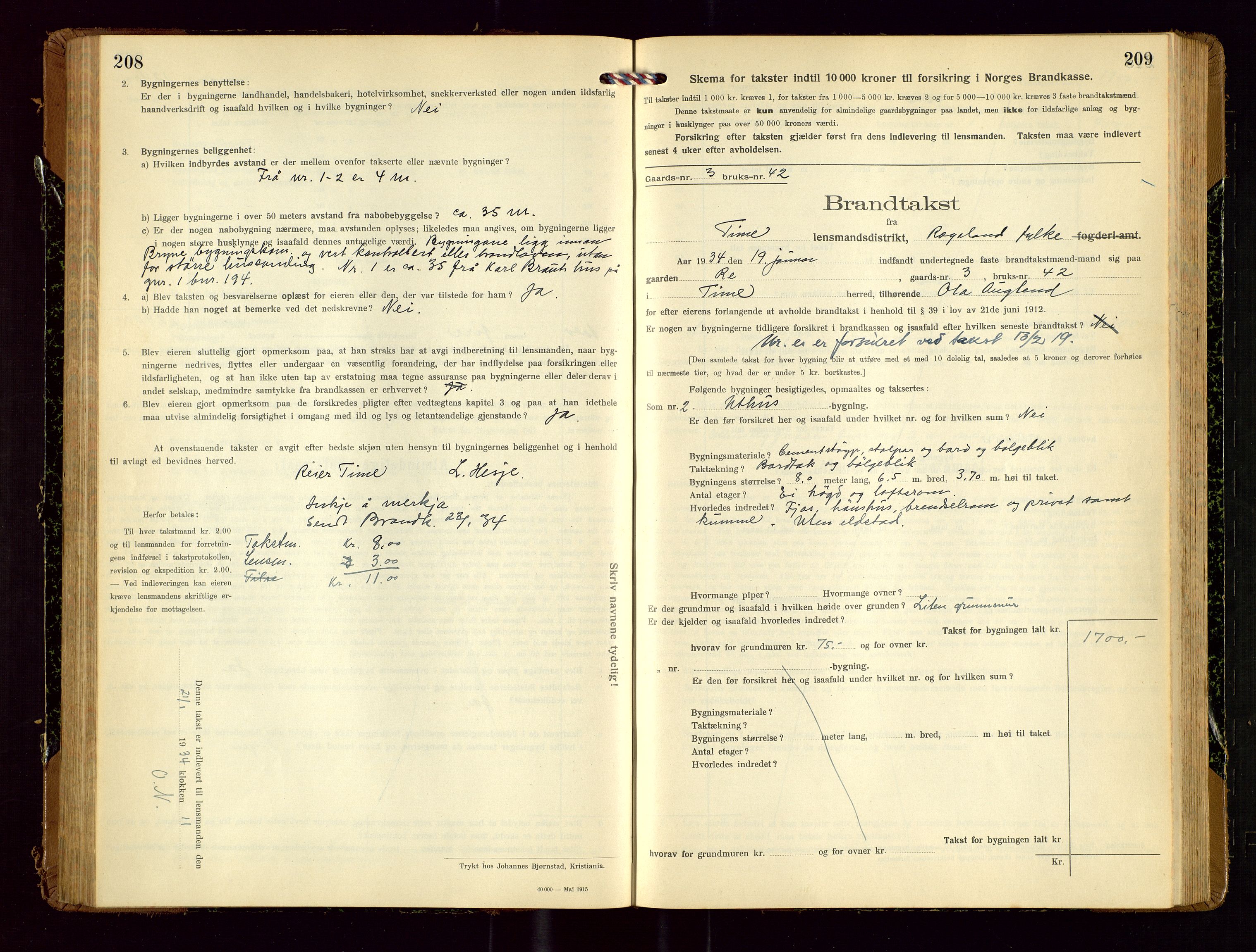 Time lensmannskontor, AV/SAST-A-100420/Gob/L0002: Branntakstprotokoll, 1919-1952, s. 208-209