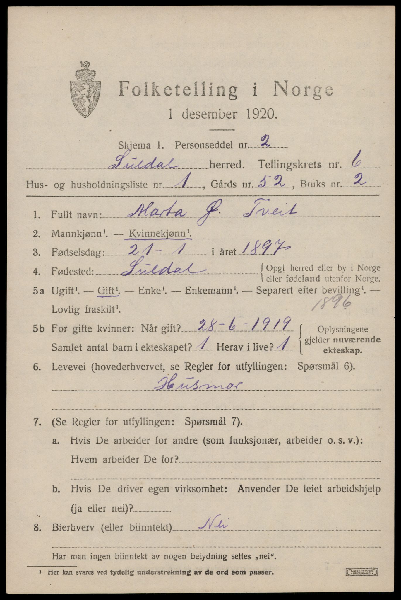 SAST, Folketelling 1920 for 1134 Suldal herred, 1920, s. 1594