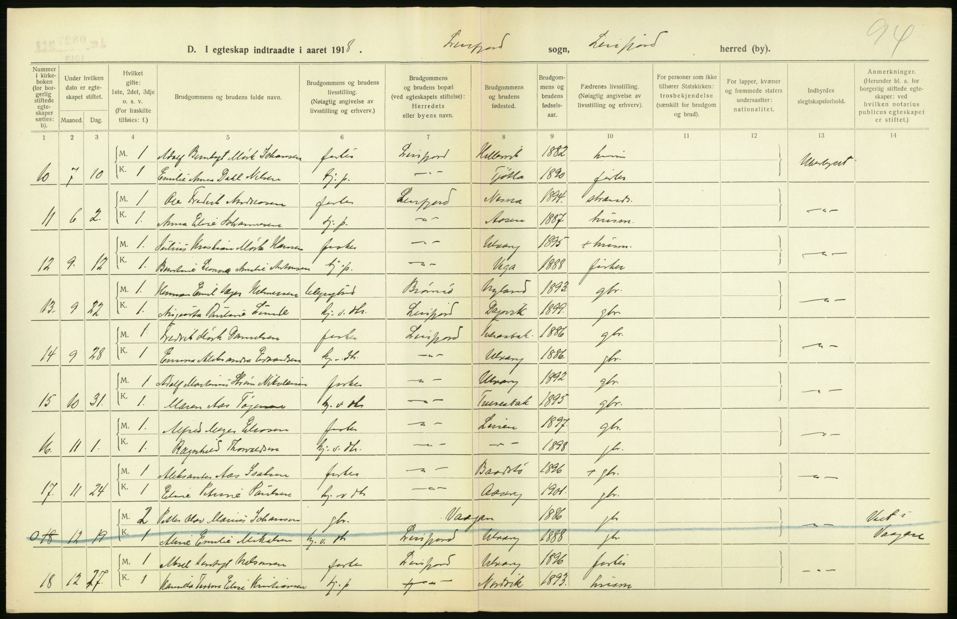 Statistisk sentralbyrå, Sosiodemografiske emner, Befolkning, RA/S-2228/D/Df/Dfb/Dfbh/L0054: Nordland fylke: Gifte, dødfødte. Bygder og byer., 1918, s. 60