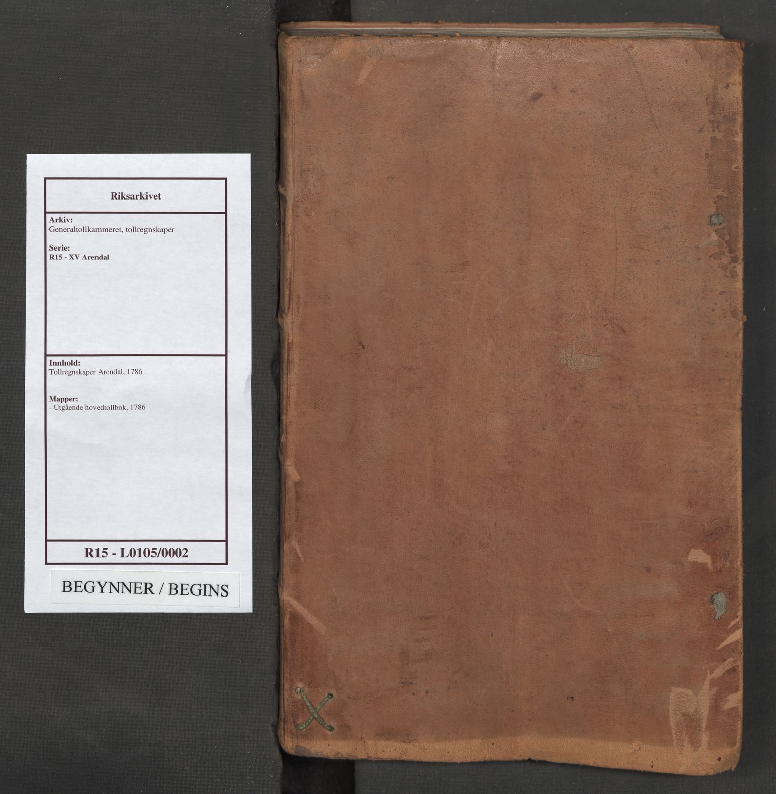 Generaltollkammeret, tollregnskaper, RA/EA-5490/R15/L0105/0002: Tollregnskaper Arendal / Utgående hovedtollbok, 1786