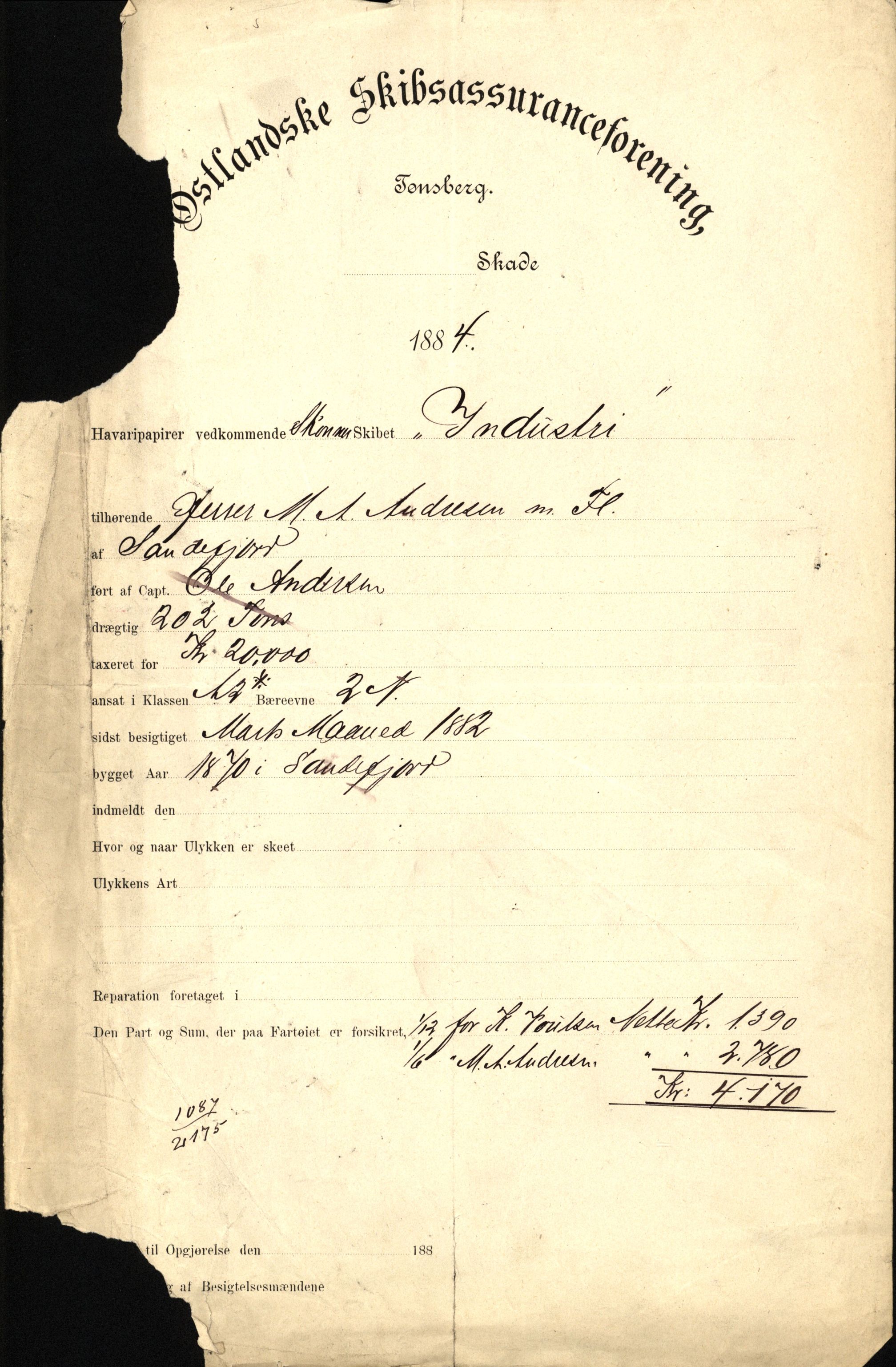 Pa 63 - Østlandske skibsassuranceforening, VEMU/A-1079/G/Ga/L0017/0008: Havaridokumenter / Terpsichore, Industri, Baticola, Bertrand, 1884, s. 4