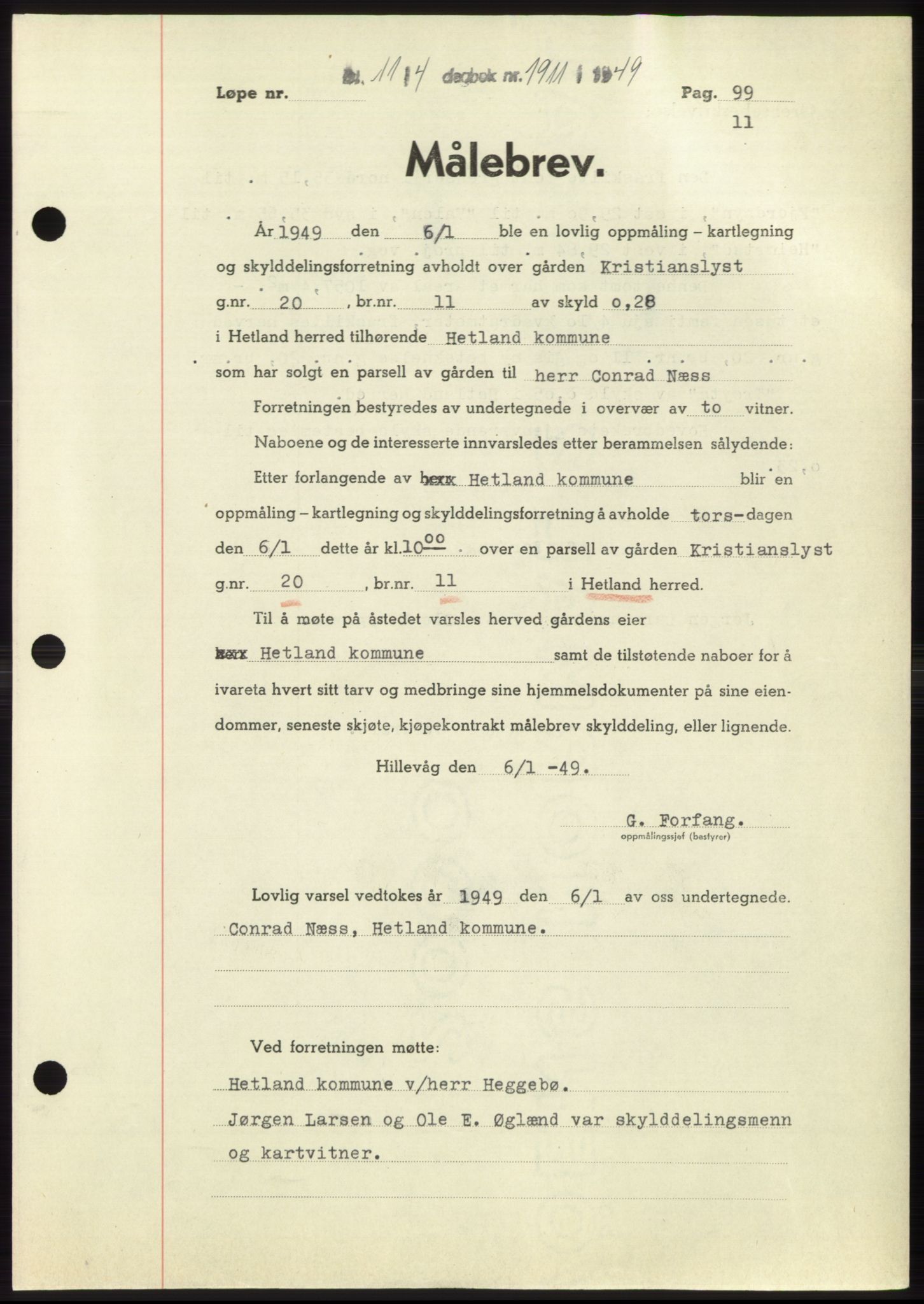 Jæren sorenskriveri, SAST/A-100310/03/G/Gba/L0102: Pantebok, 1949-1949, Dagboknr: 1911/1949