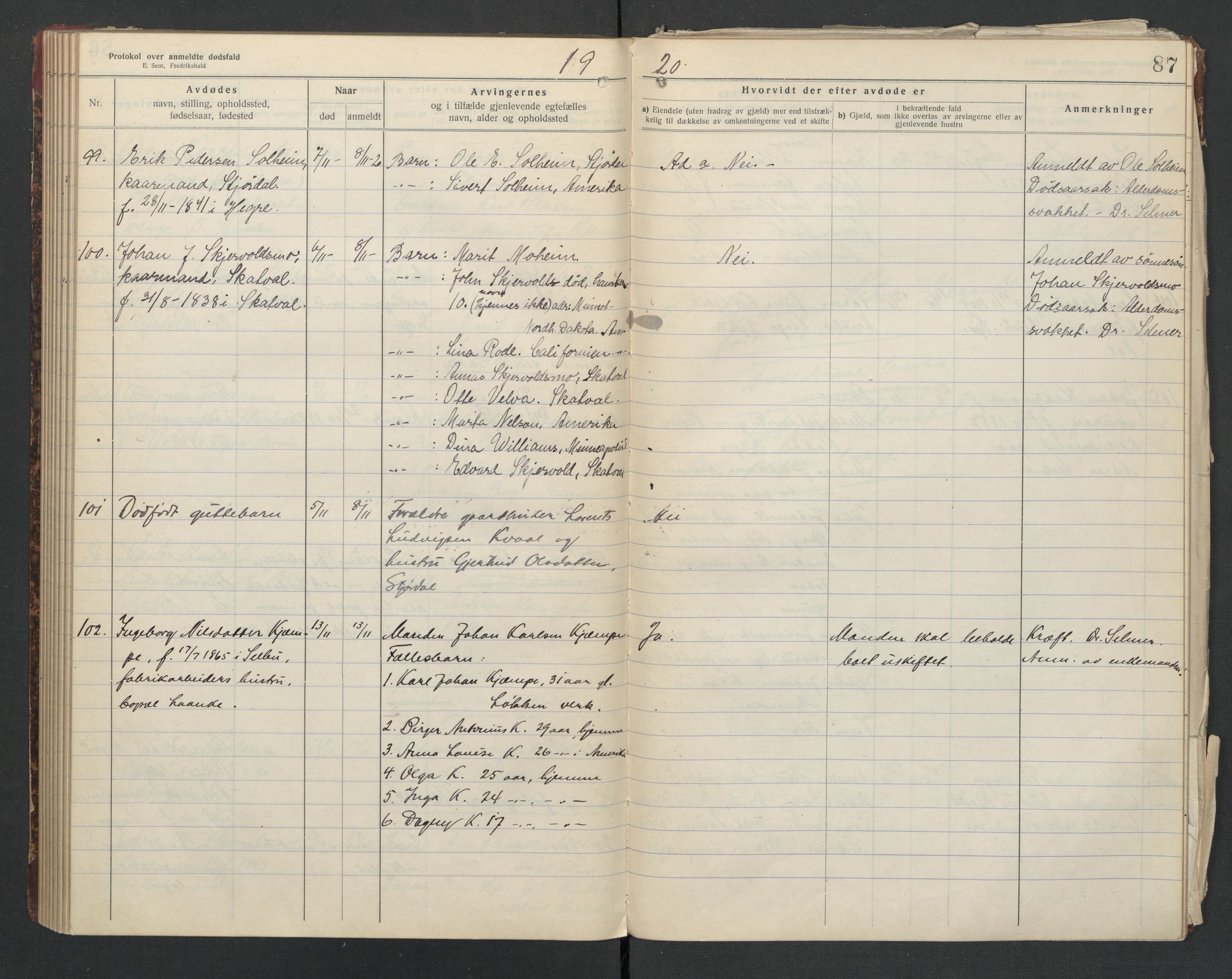 Nedre Stjørdal lensmannskontor, AV/SAT-A-1044/02/L0004: 2.01.04 Dødsfallsprotokoller, 1917-1921, s. 87