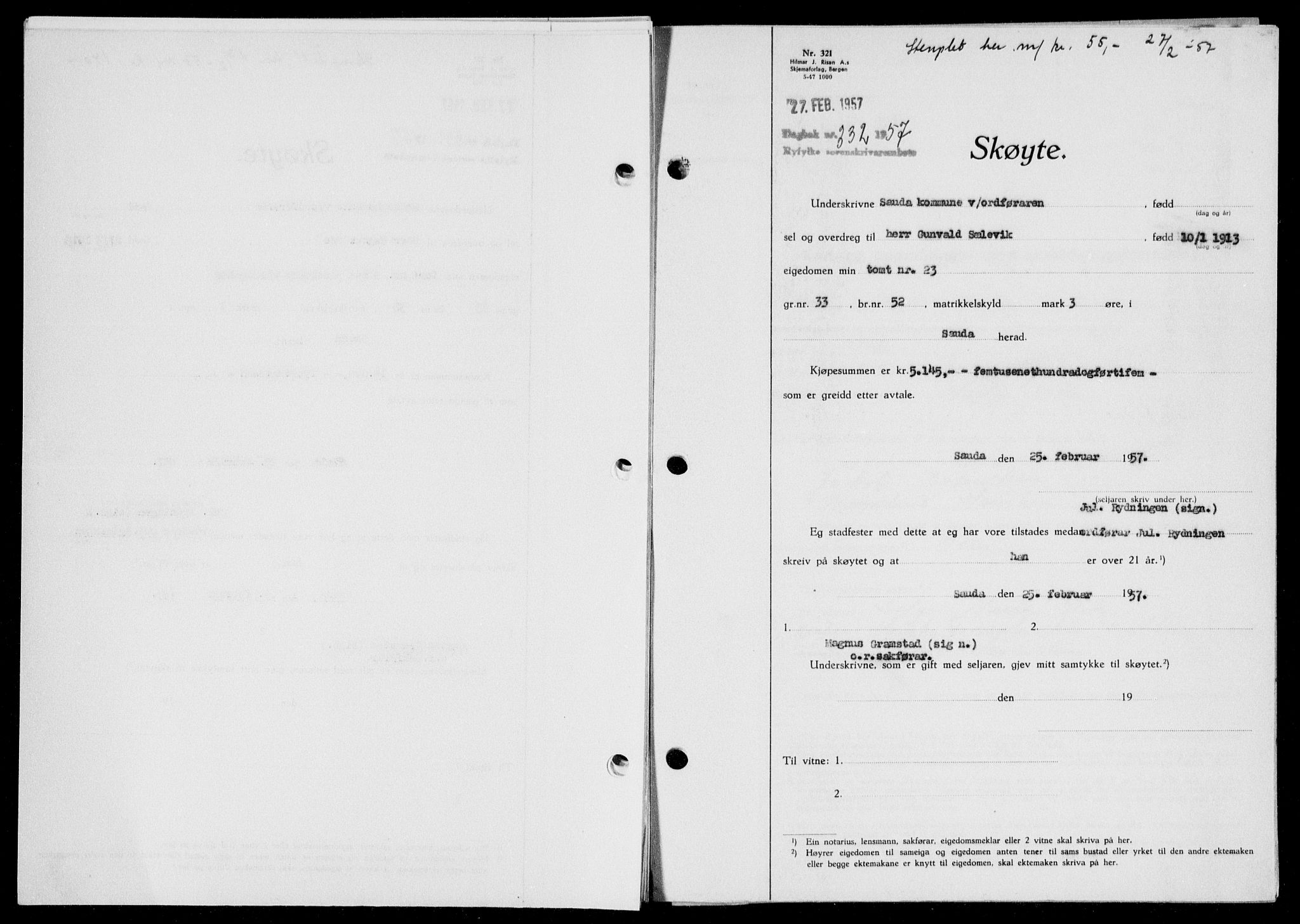 Ryfylke tingrett, SAST/A-100055/001/II/IIB/L0135: Pantebok nr. 114, 1956-1957, Dagboknr: 332/1957