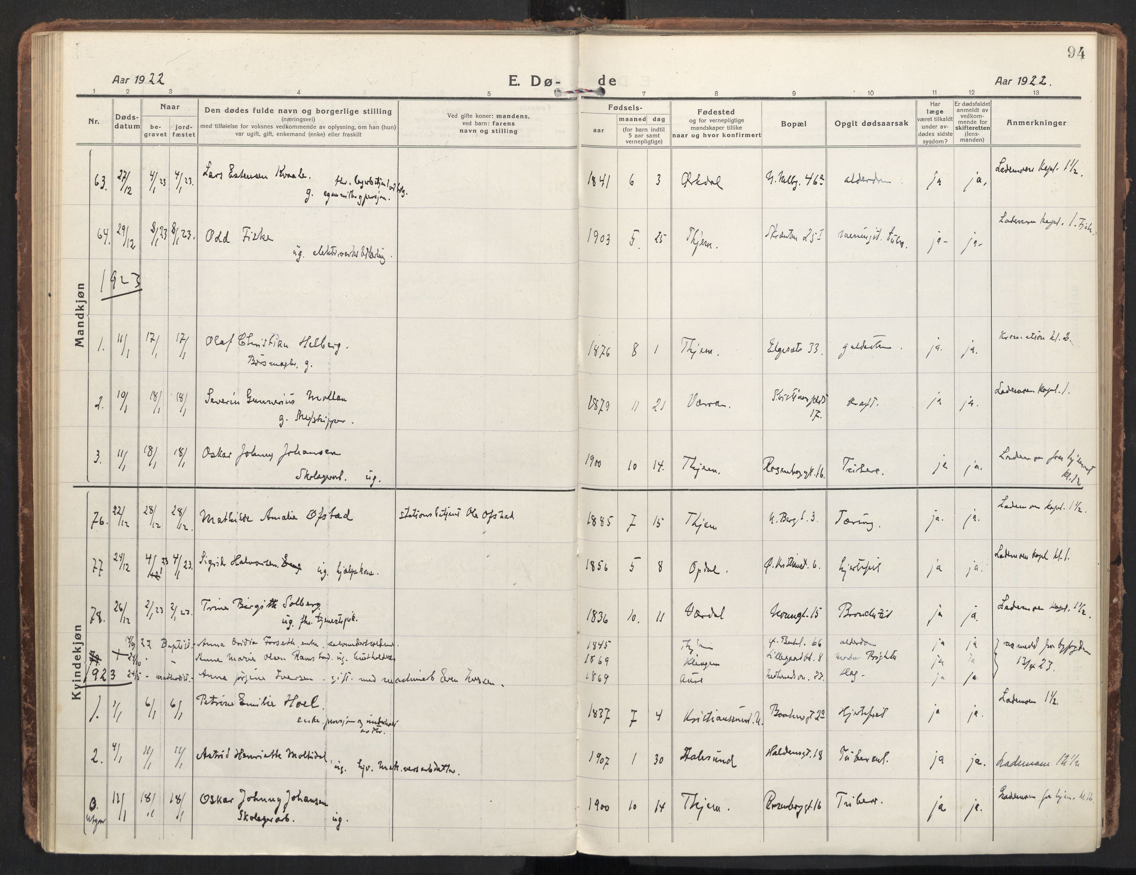 Ministerialprotokoller, klokkerbøker og fødselsregistre - Sør-Trøndelag, SAT/A-1456/604/L0207: Ministerialbok nr. 604A27, 1917-1933, s. 94