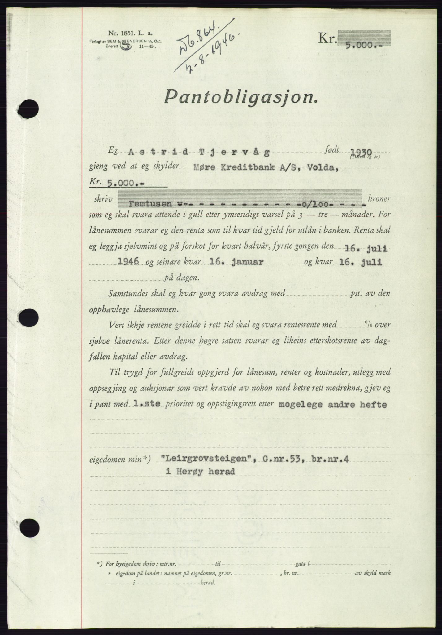 Søre Sunnmøre sorenskriveri, AV/SAT-A-4122/1/2/2C/L0114: Pantebok nr. 1-2B, 1943-1947, Dagboknr: 864/1946