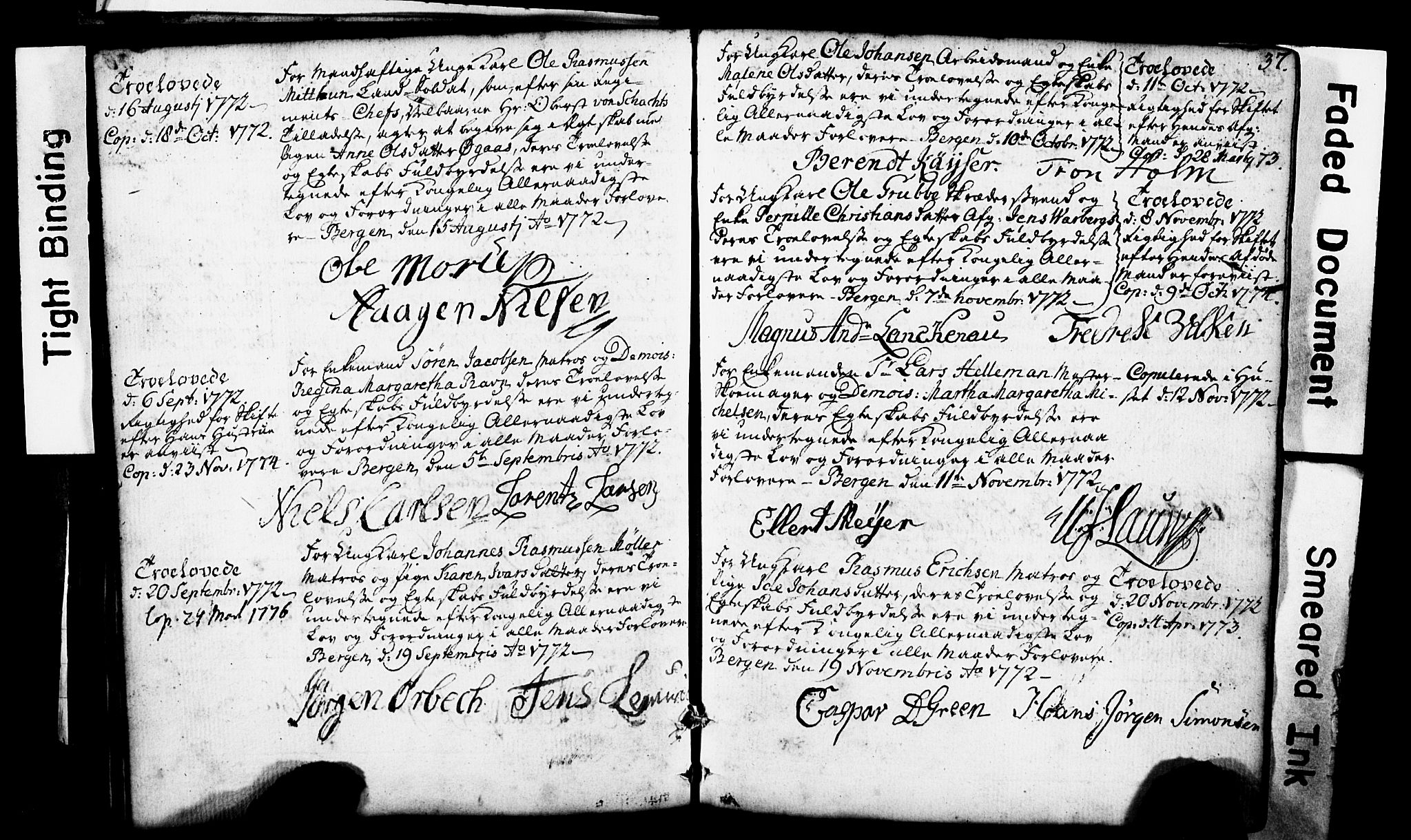 Domkirken sokneprestembete, SAB/A-74801: Forlovererklæringer nr. II.5.1, 1767-1792, s. 37