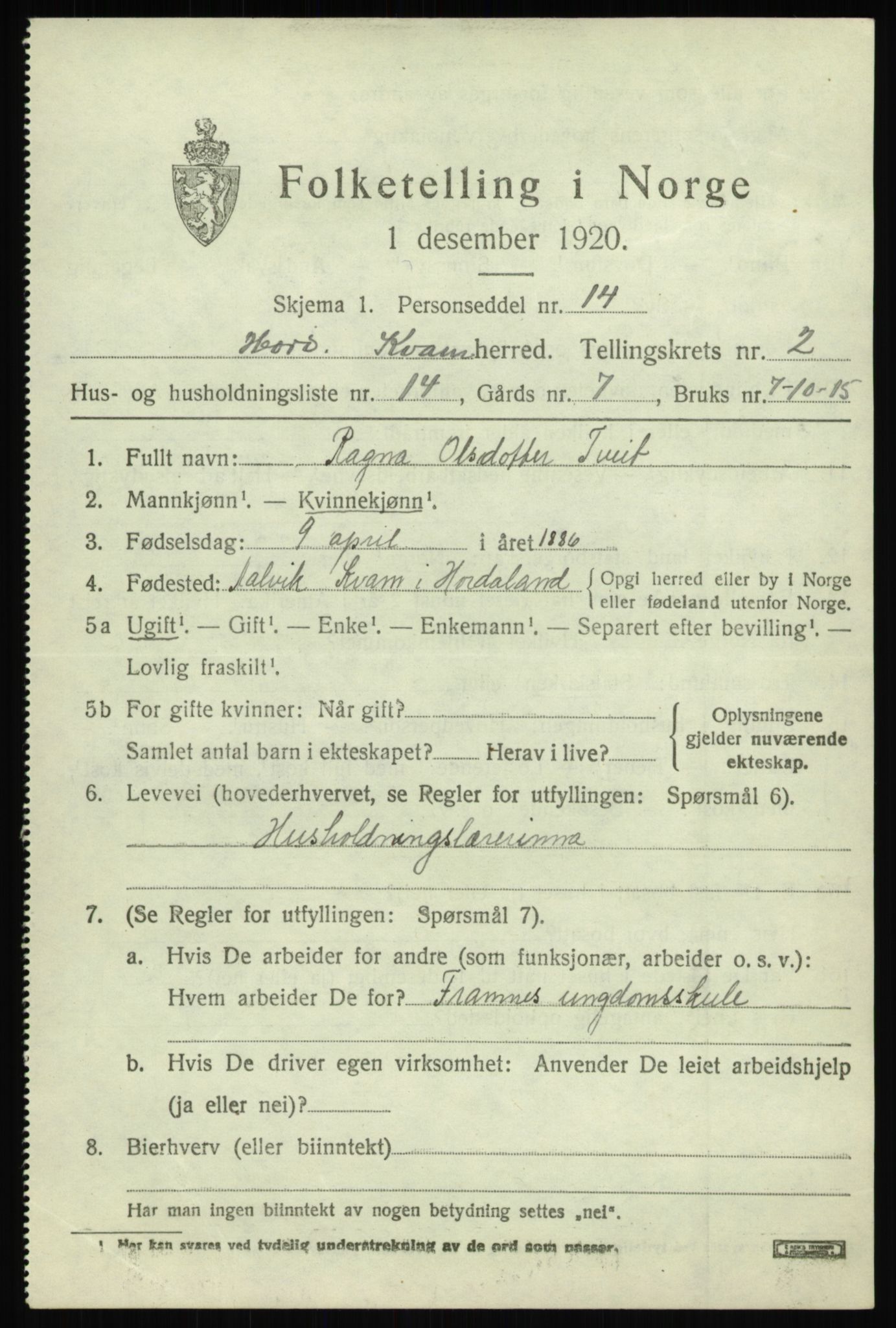 SAB, Folketelling 1920 for 1238 Kvam herred, 1920, s. 1997