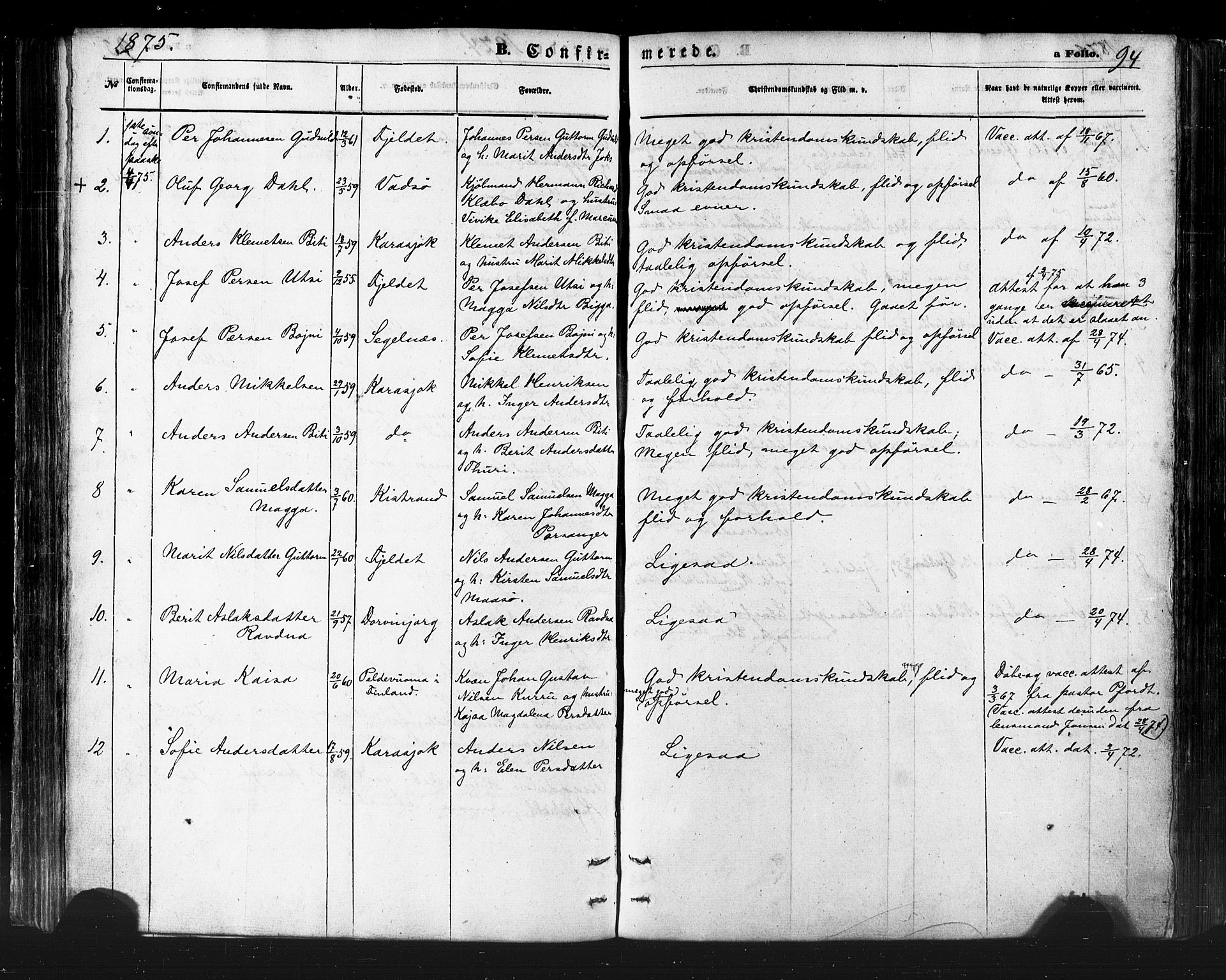 Karasjok sokneprestkontor, AV/SATØ-S-1352/H/Ha/L0001kirke: Ministerialbok nr. 1, 1872-1884, s. 94