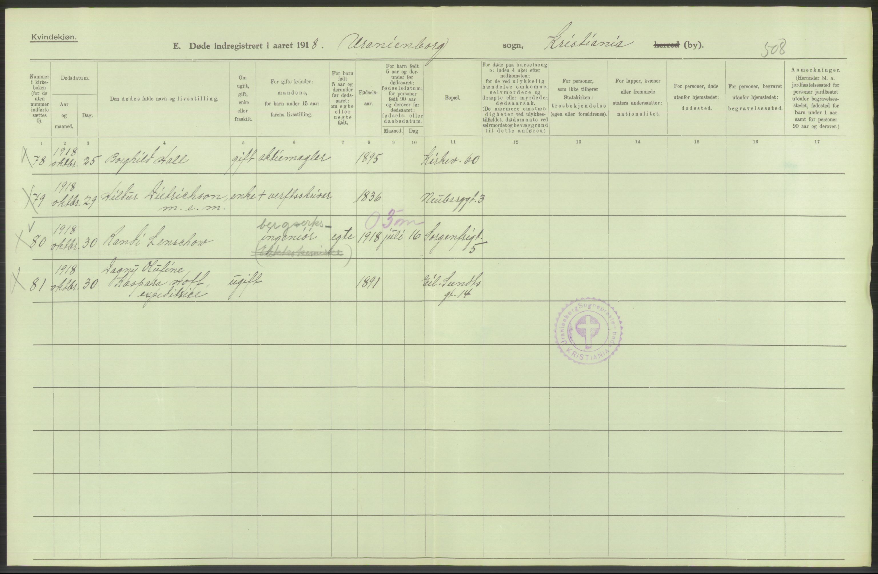 Statistisk sentralbyrå, Sosiodemografiske emner, Befolkning, AV/RA-S-2228/D/Df/Dfb/Dfbh/L0010: Kristiania: Døde, 1918, s. 232