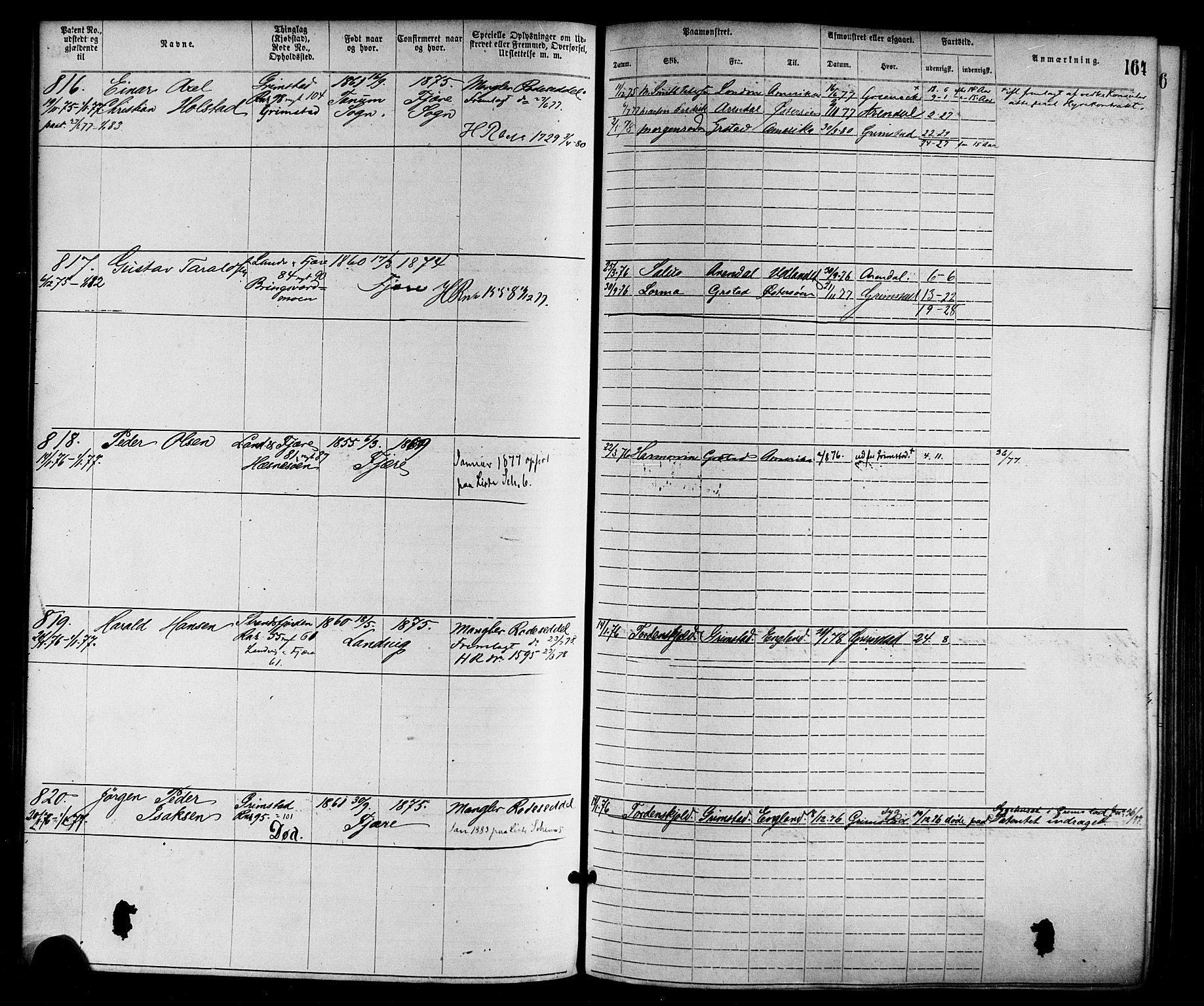 Grimstad mønstringskrets, SAK/2031-0013/F/Fa/L0001: Annotasjonsrulle nr 1-1920 med register, F-1, 1870-1892, s. 188