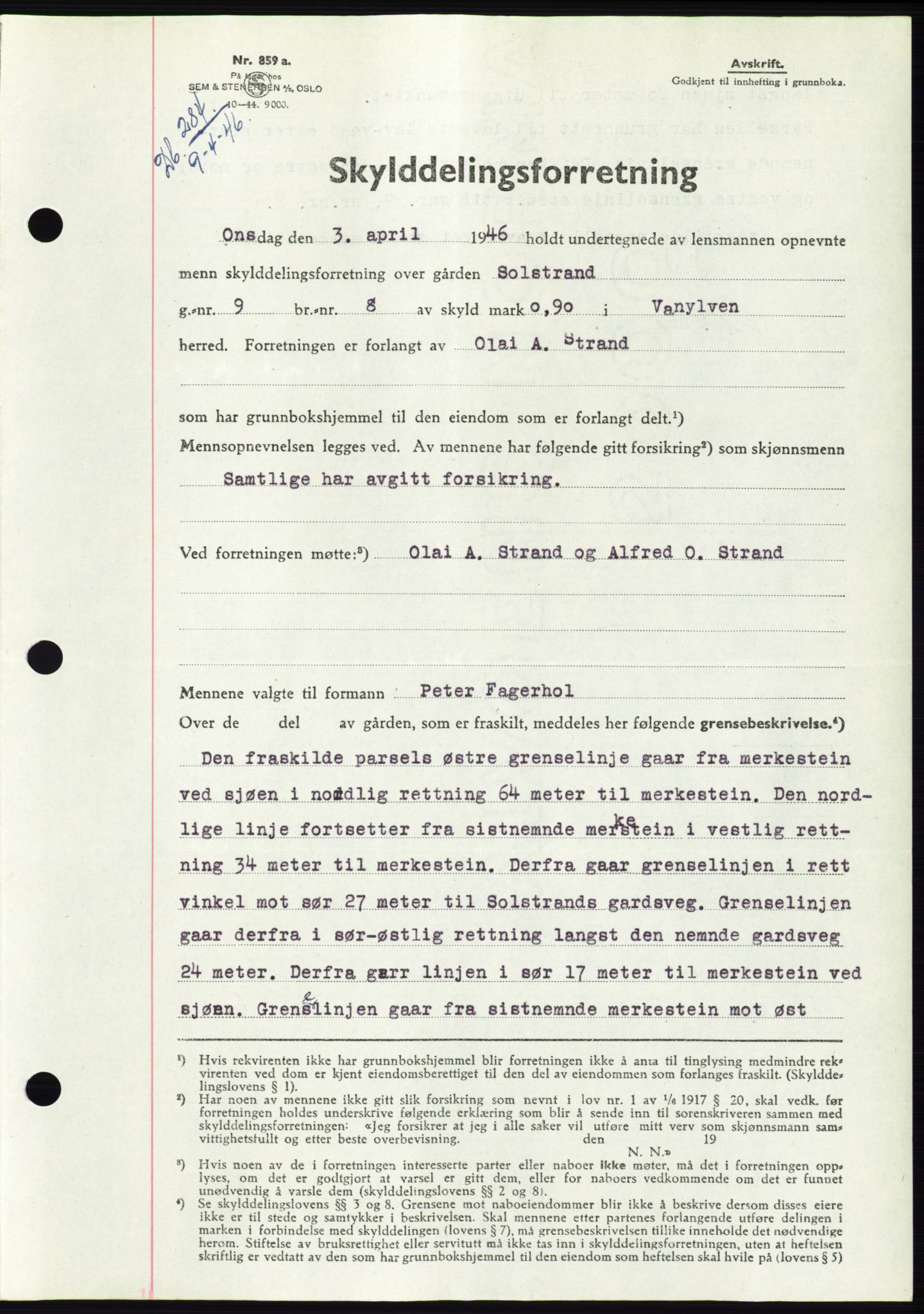 Søre Sunnmøre sorenskriveri, SAT/A-4122/1/2/2C/L0078: Pantebok nr. 4A, 1946-1946, Dagboknr: 284/1946