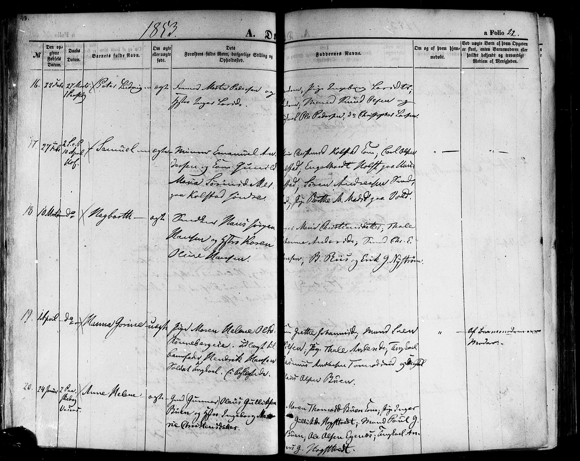 Hof kirkebøker, AV/SAKO-A-64/F/Fa/L0006: Ministerialbok nr. I 6, 1851-1877, s. 22
