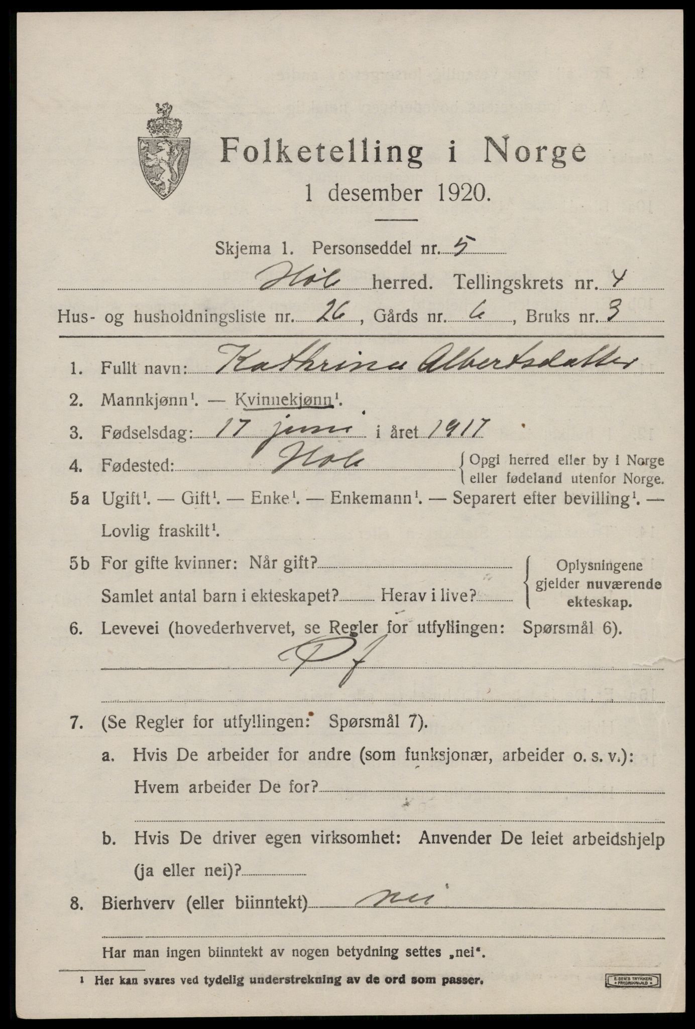 SAST, Folketelling 1920 for 1128 Høle herred, 1920, s. 1651