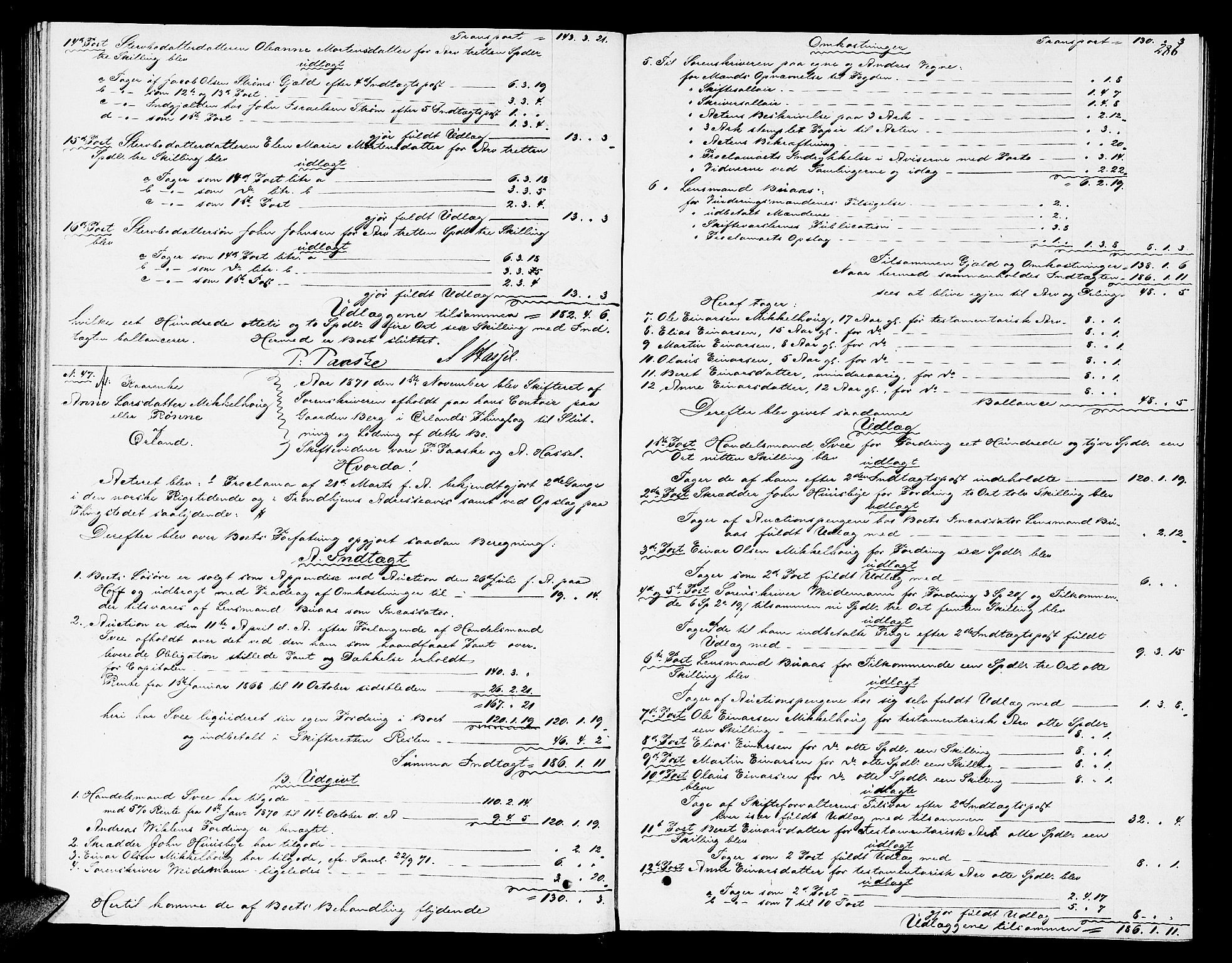Fosen sorenskriveri, AV/SAT-A-1107/1/3/3A/L0025: Skifteutlodningsprotokoll nr. 4, 1867-1874, s. 286