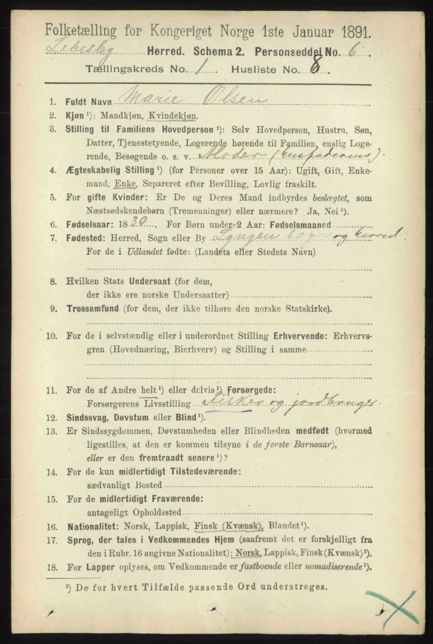 RA, Folketelling 1891 for 2022 Lebesby herred, 1891, s. 144