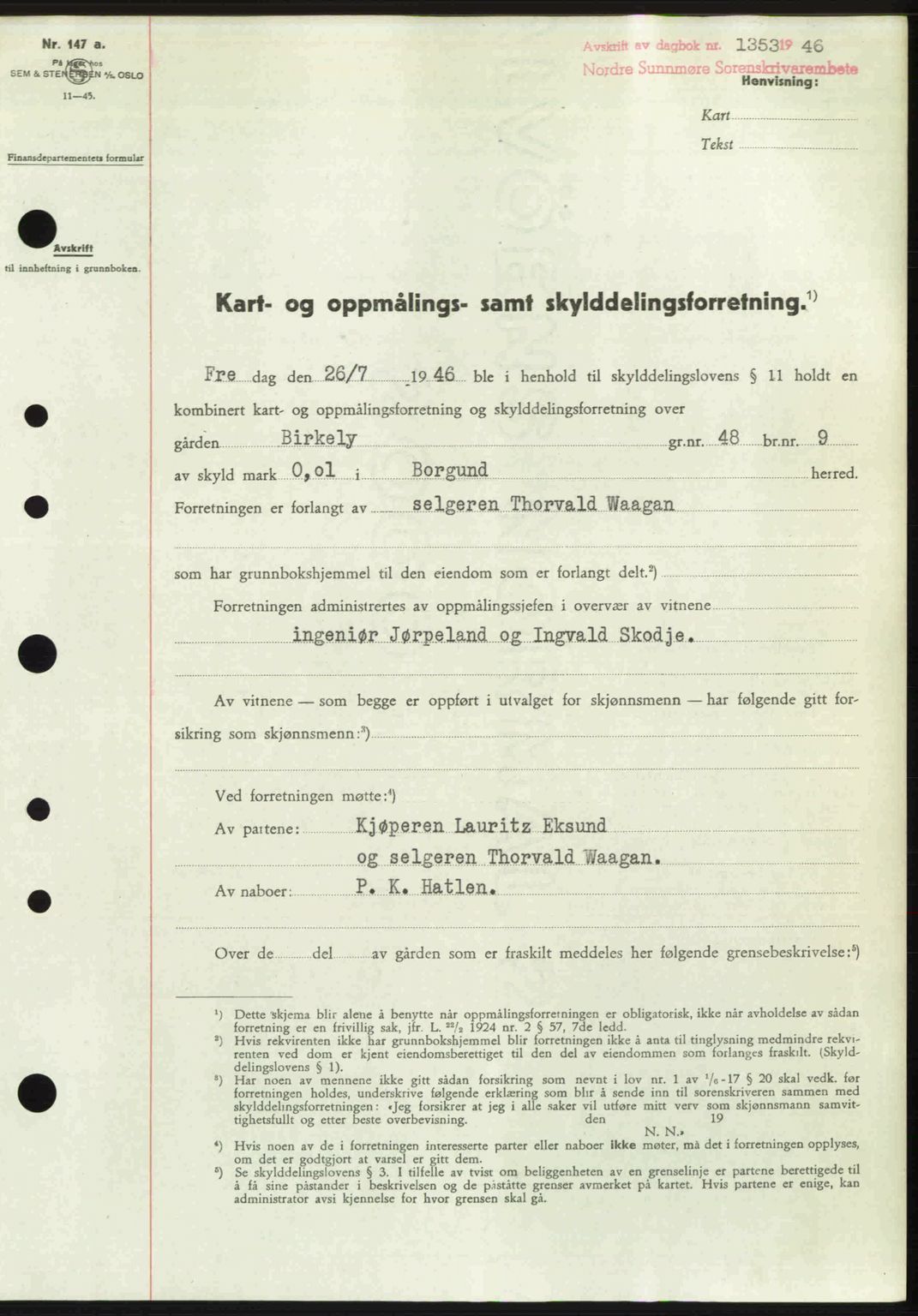 Nordre Sunnmøre sorenskriveri, SAT/A-0006/1/2/2C/2Ca: Pantebok nr. A22, 1946-1946, Dagboknr: 1353/1946