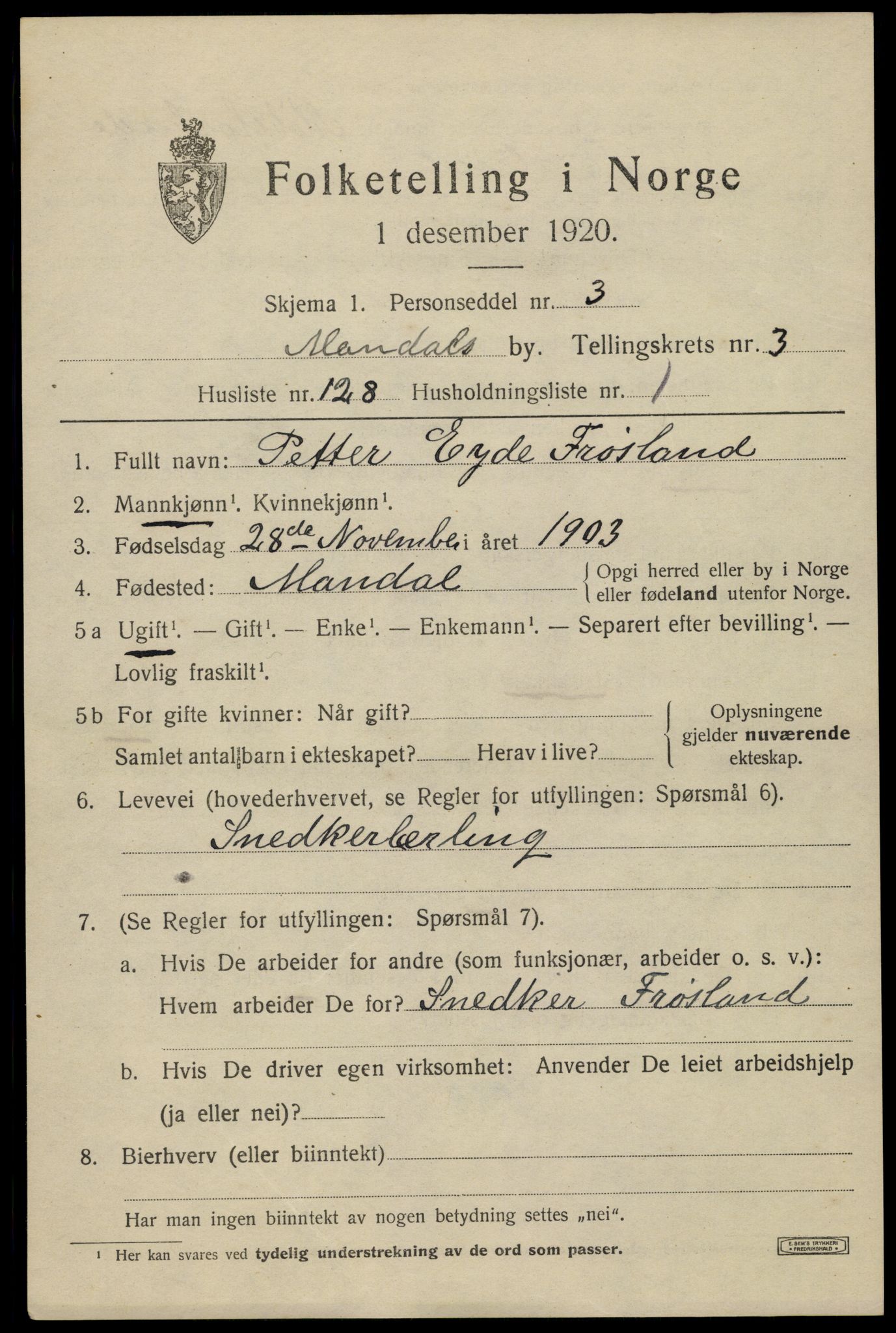 SAK, Folketelling 1920 for 1002 Mandal ladested, 1920, s. 6907