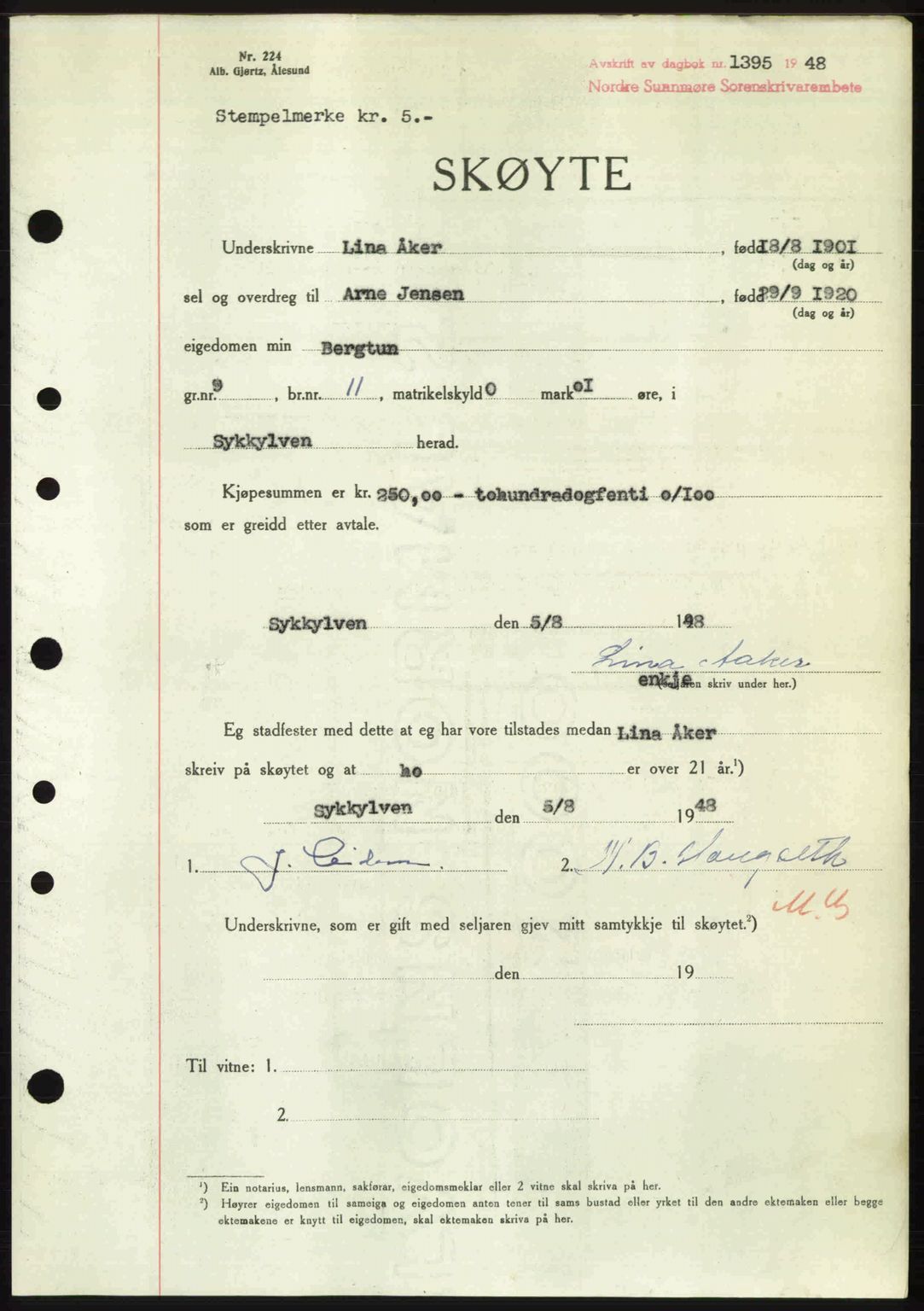 Nordre Sunnmøre sorenskriveri, AV/SAT-A-0006/1/2/2C/2Ca: Pantebok nr. A28, 1948-1948, Dagboknr: 1395/1948