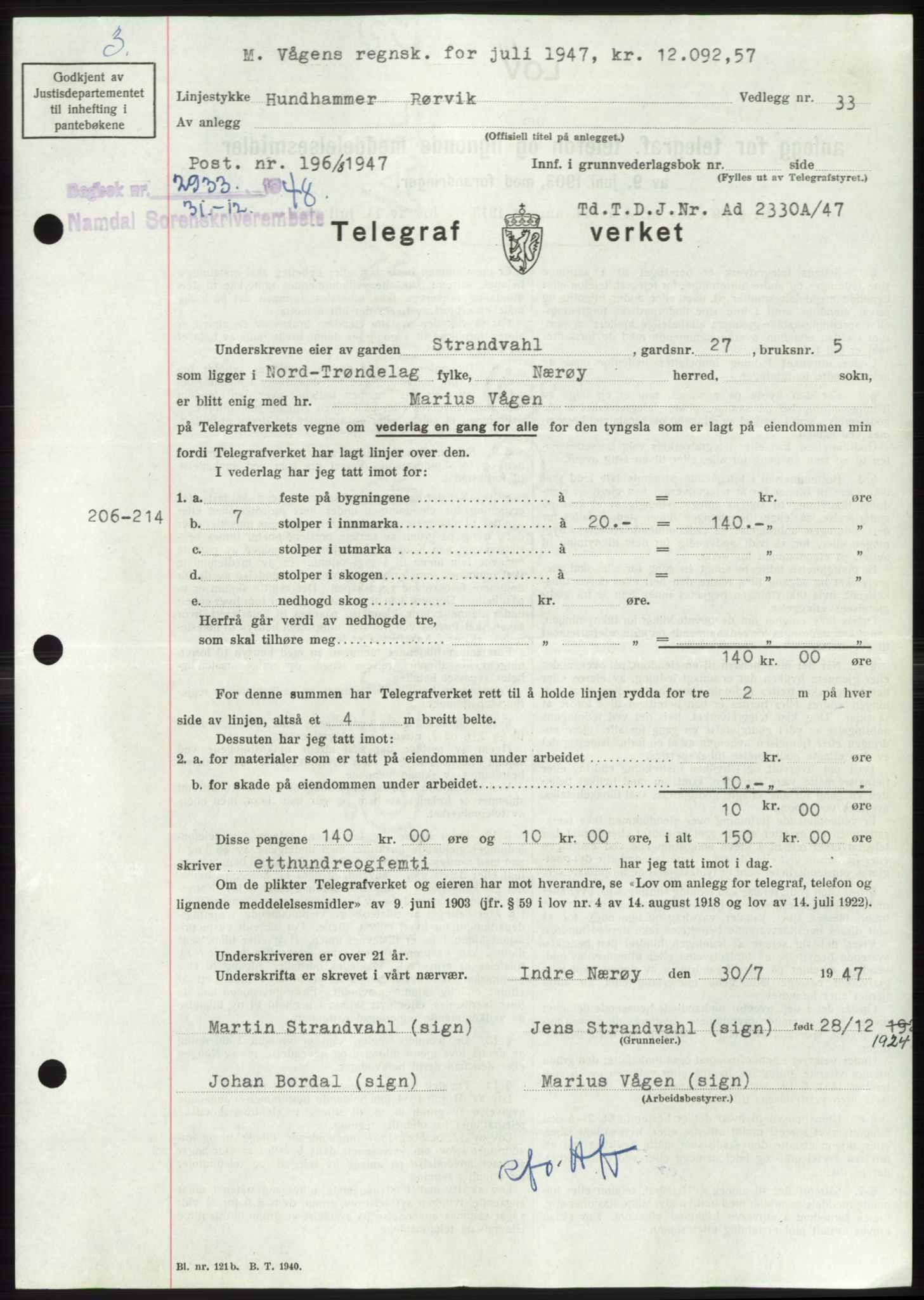 Namdal sorenskriveri, SAT/A-4133/1/2/2C: Pantebok nr. -, 1948-1948, Dagboknr: 2933/1948