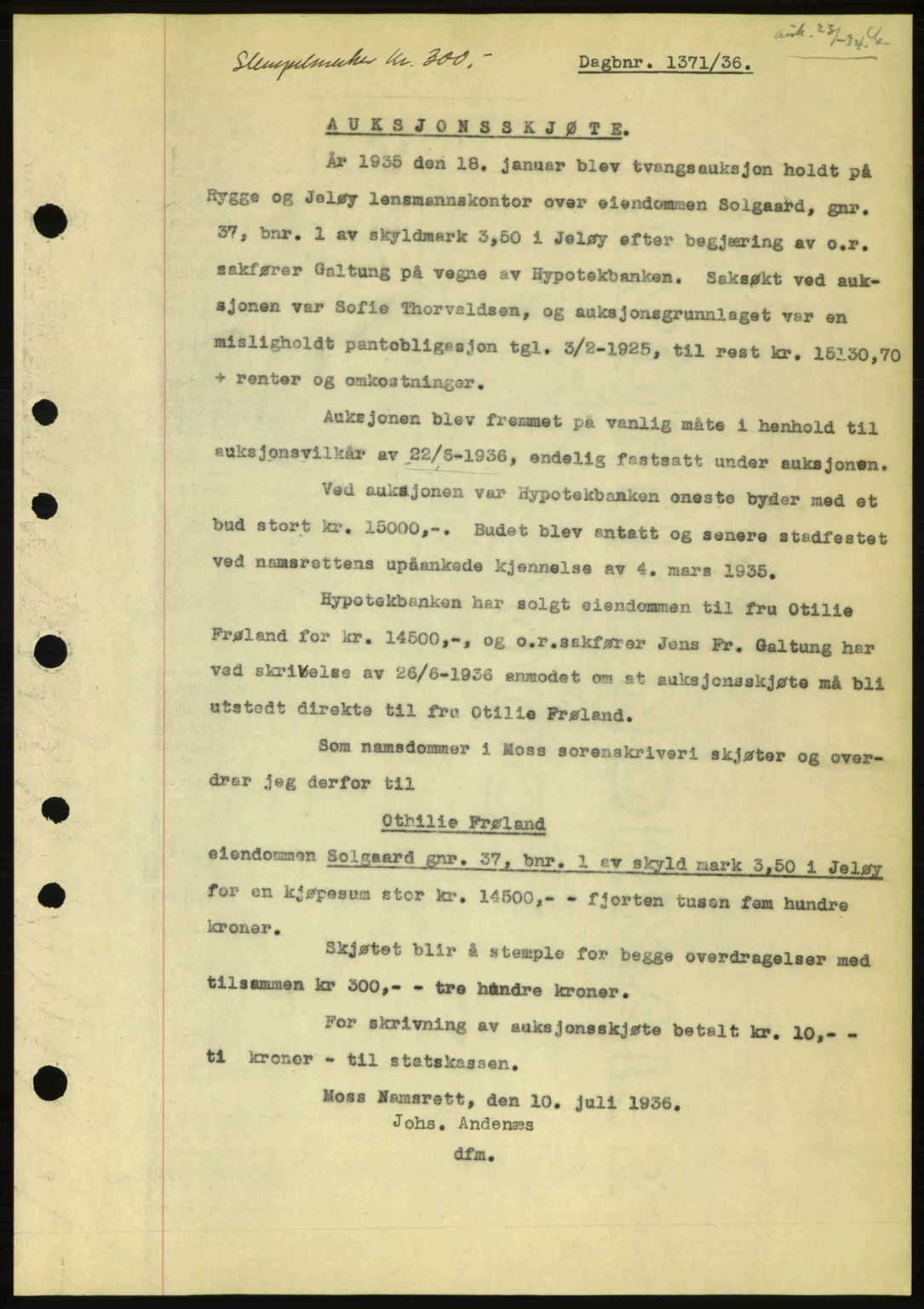 Moss sorenskriveri, SAO/A-10168: Pantebok nr. A1, 1936-1936, Dagboknr: 1371/1936