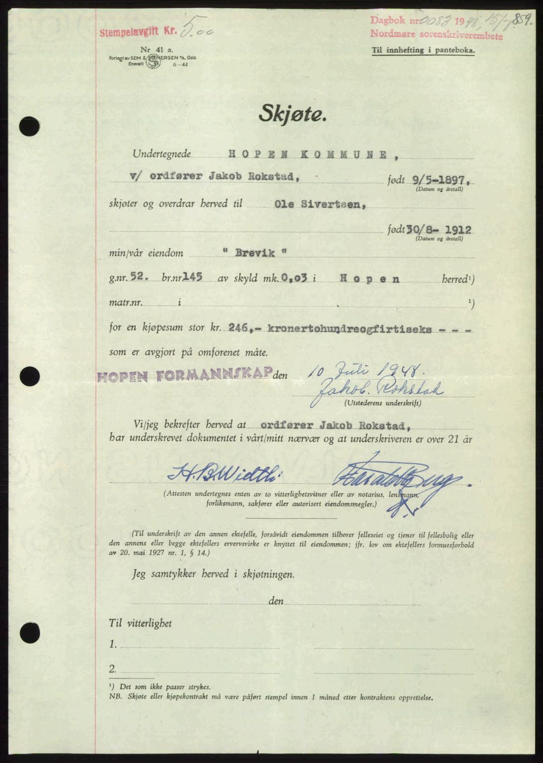 Nordmøre sorenskriveri, SAT/A-4132/1/2/2Ca: Pantebok nr. A108, 1948-1948, Dagboknr: 2083/1948
