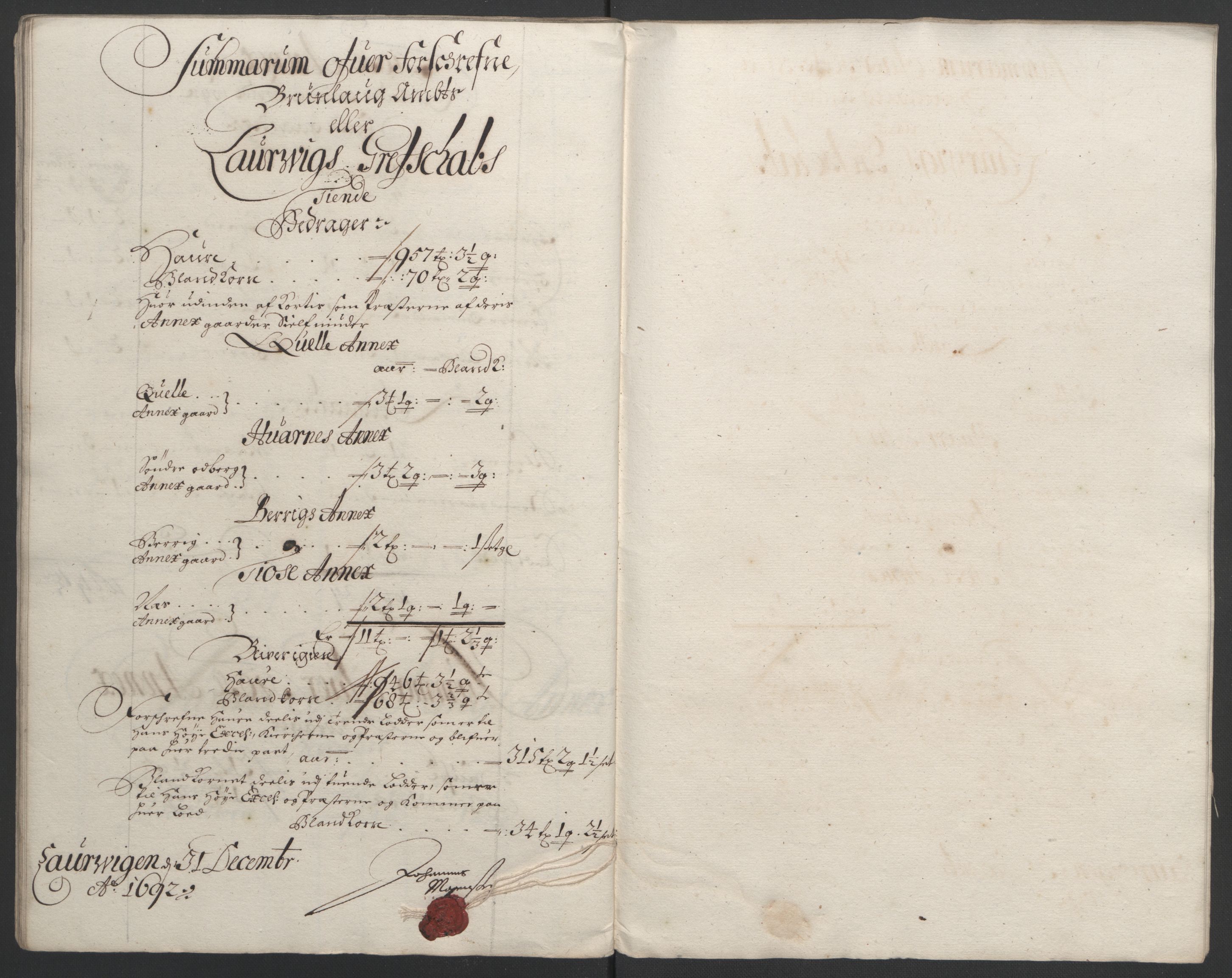 Rentekammeret inntil 1814, Reviderte regnskaper, Fogderegnskap, AV/RA-EA-4092/R33/L1973: Fogderegnskap Larvik grevskap, 1692, s. 189
