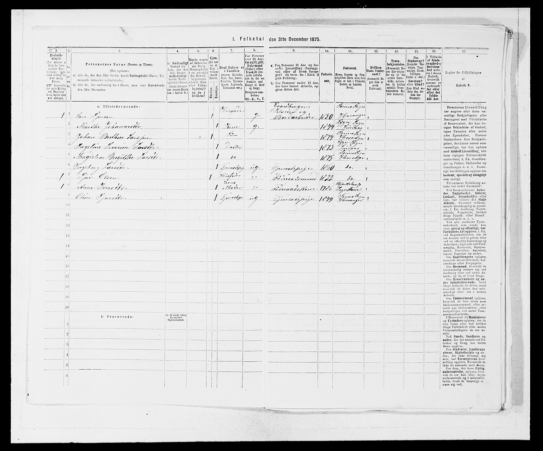 SAB, Folketelling 1875 for 1253P Hosanger prestegjeld, 1875, s. 999