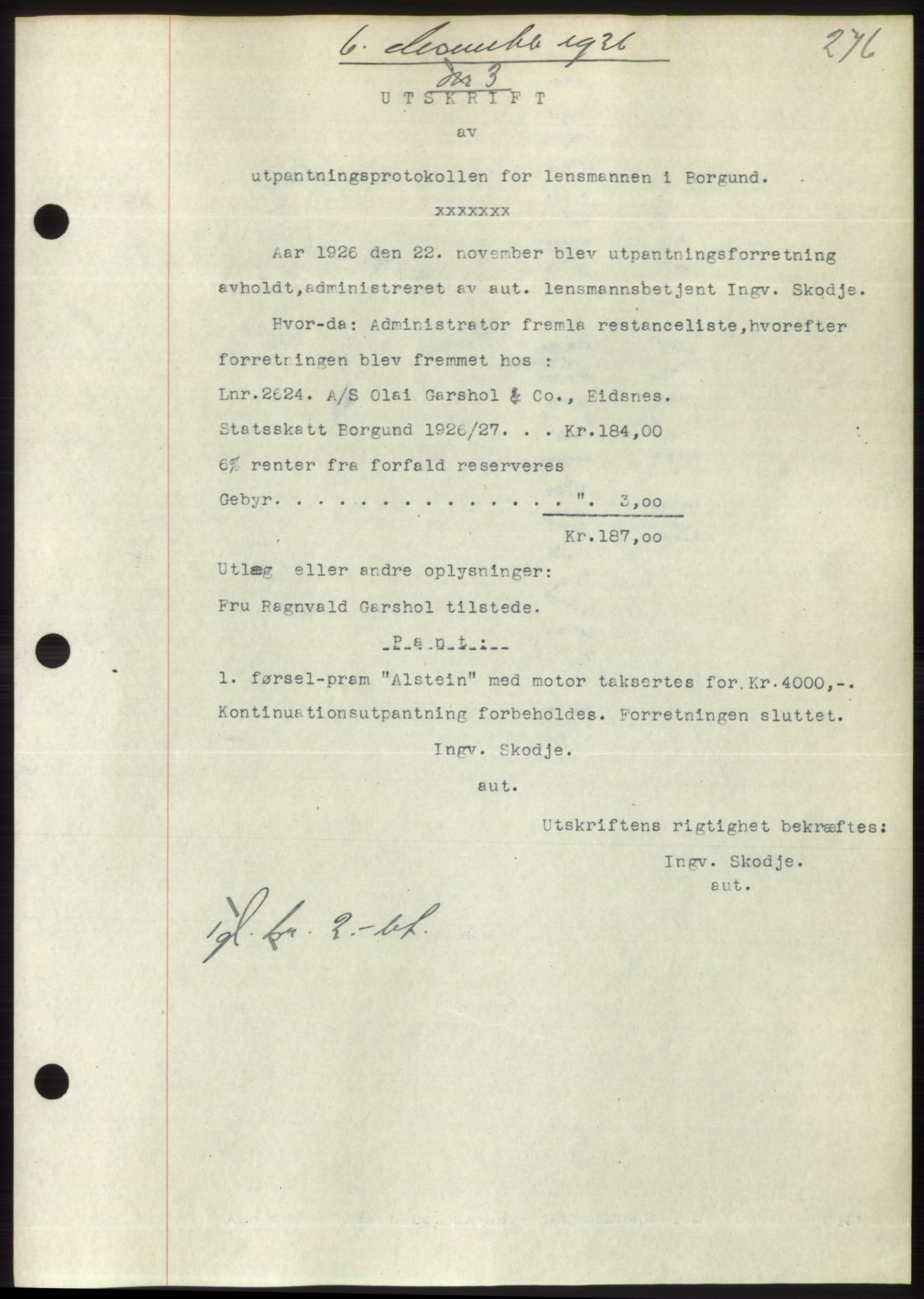 Nordre Sunnmøre sorenskriveri, AV/SAT-A-0006/1/2/2C/2Ca/L0035: Pantebok nr. 37, 1926-1926, Tingl.dato: 06.12.1926