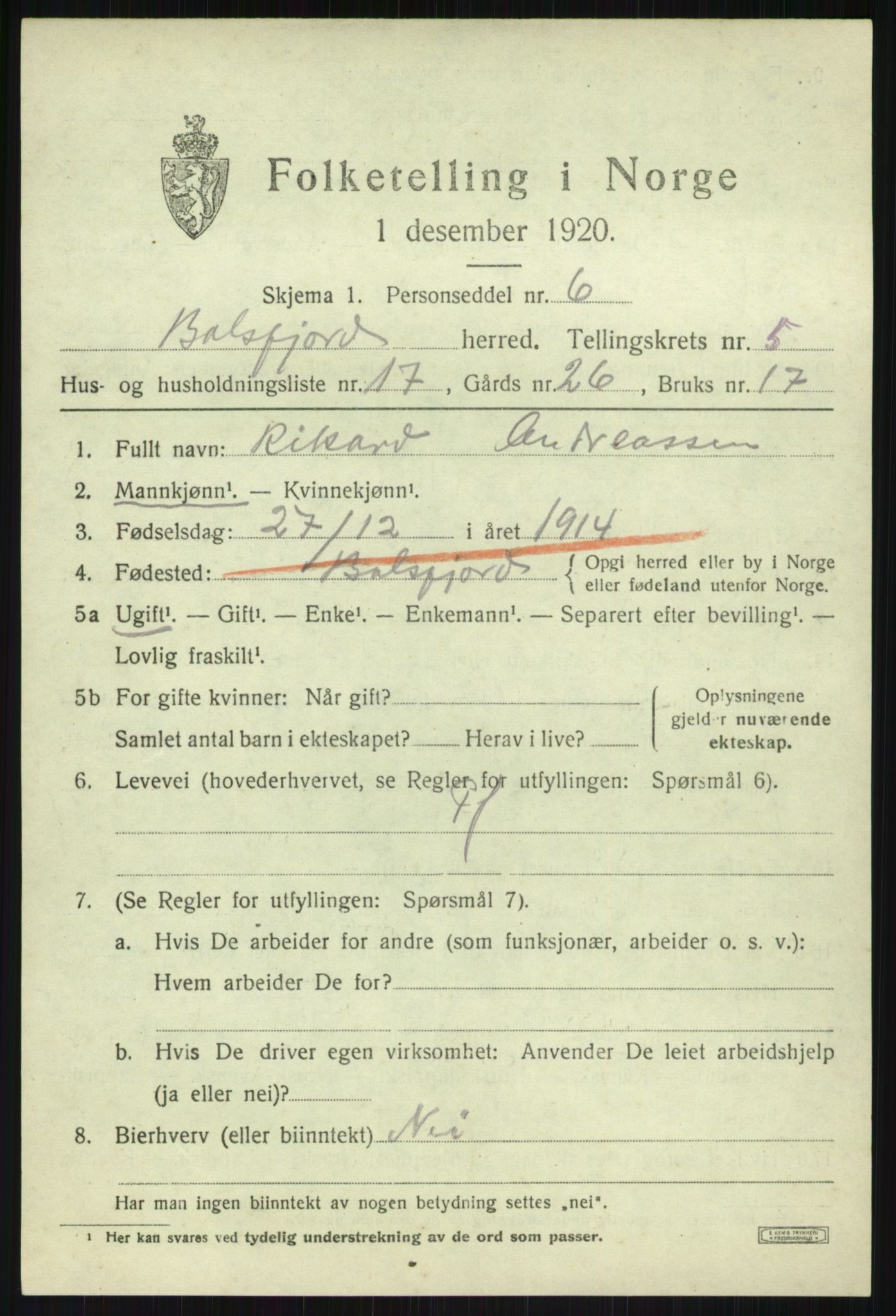 SATØ, Folketelling 1920 for 1933 Balsfjord herred, 1920, s. 3320