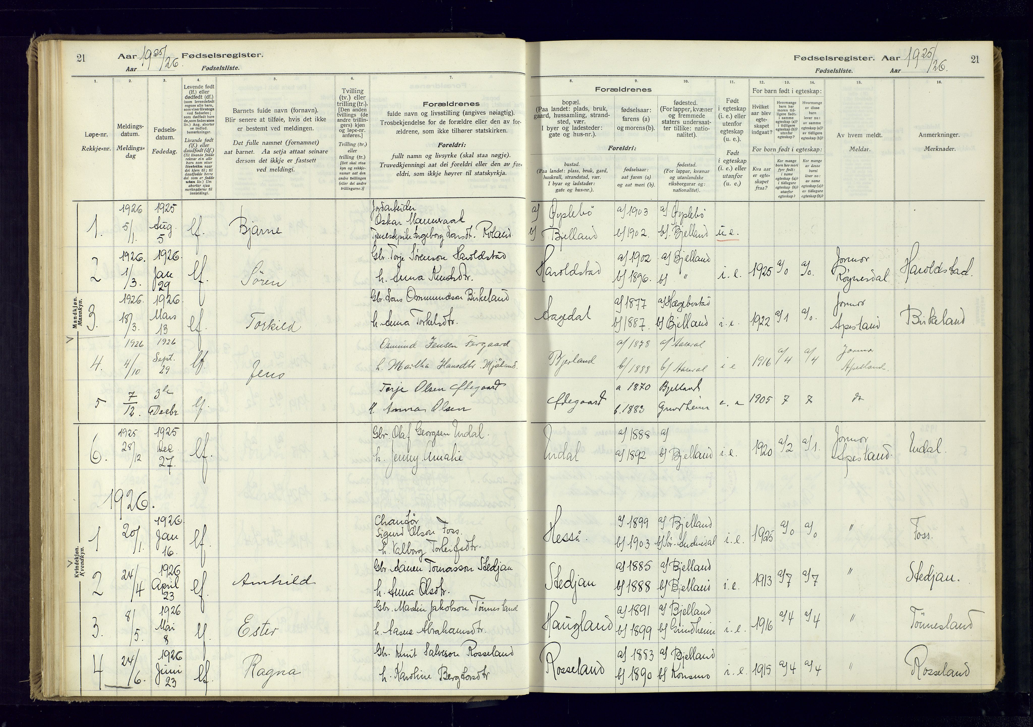 Bjelland sokneprestkontor, SAK/1111-0005/J/Ja/L0001: Fødselsregister nr. II.4.2, 1916-1982, s. 21