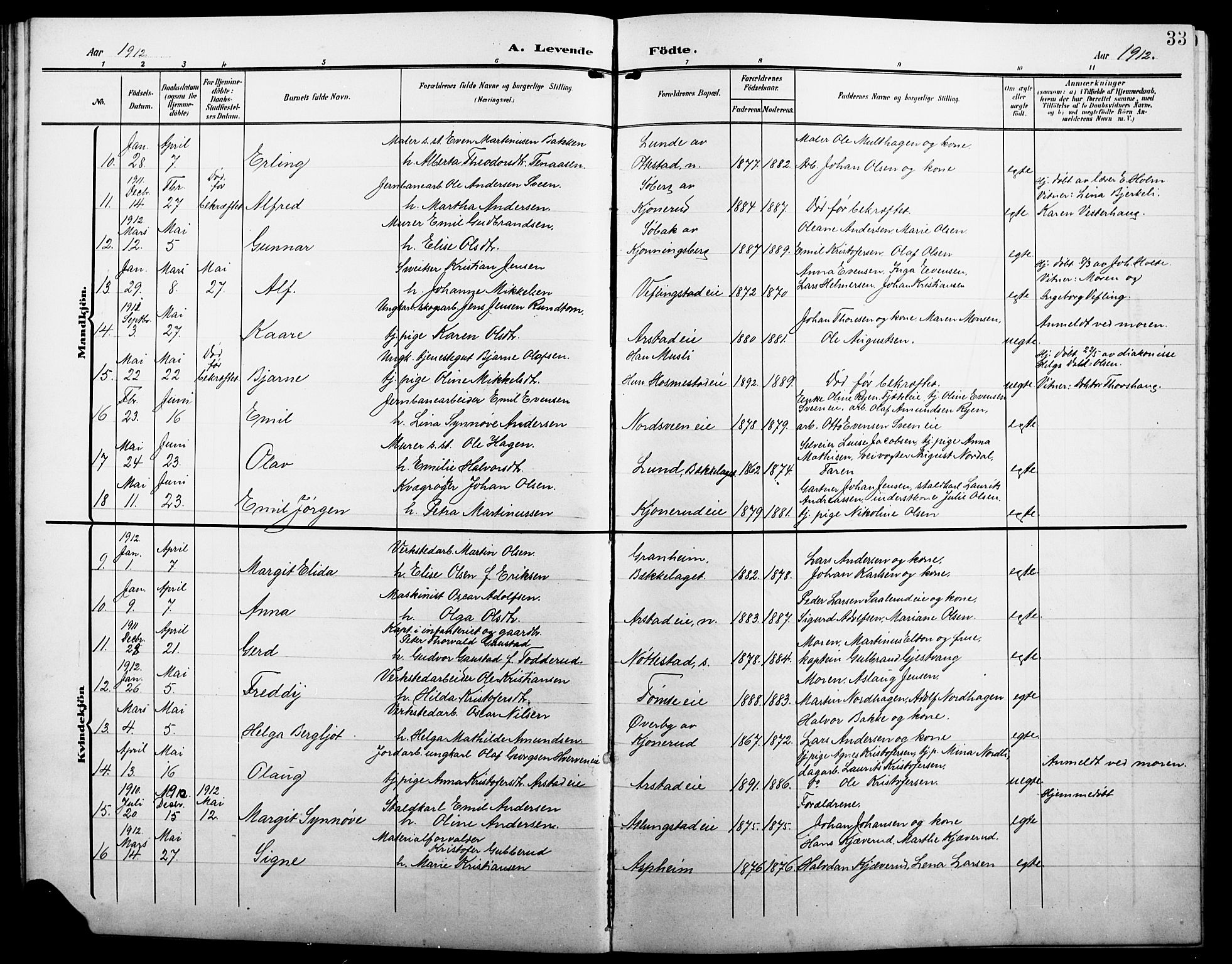 Stange prestekontor, AV/SAH-PREST-002/L/L0013: Klokkerbok nr. 13, 1906-1915, s. 33